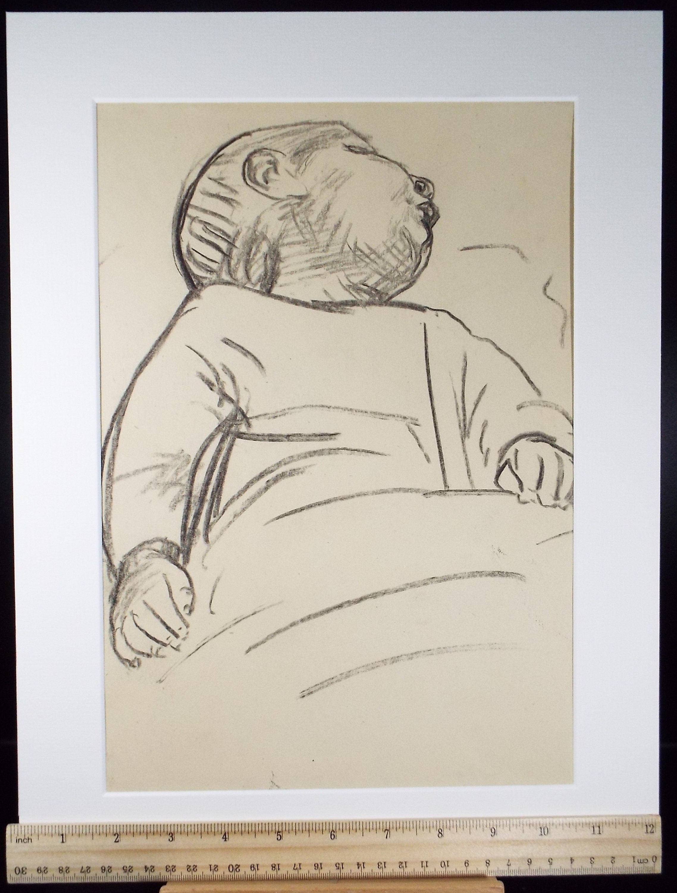Original Conte Drawing, 'Sleeping Baby', Leslie Duxbury ARCA (1921-2001), Circa 1970's