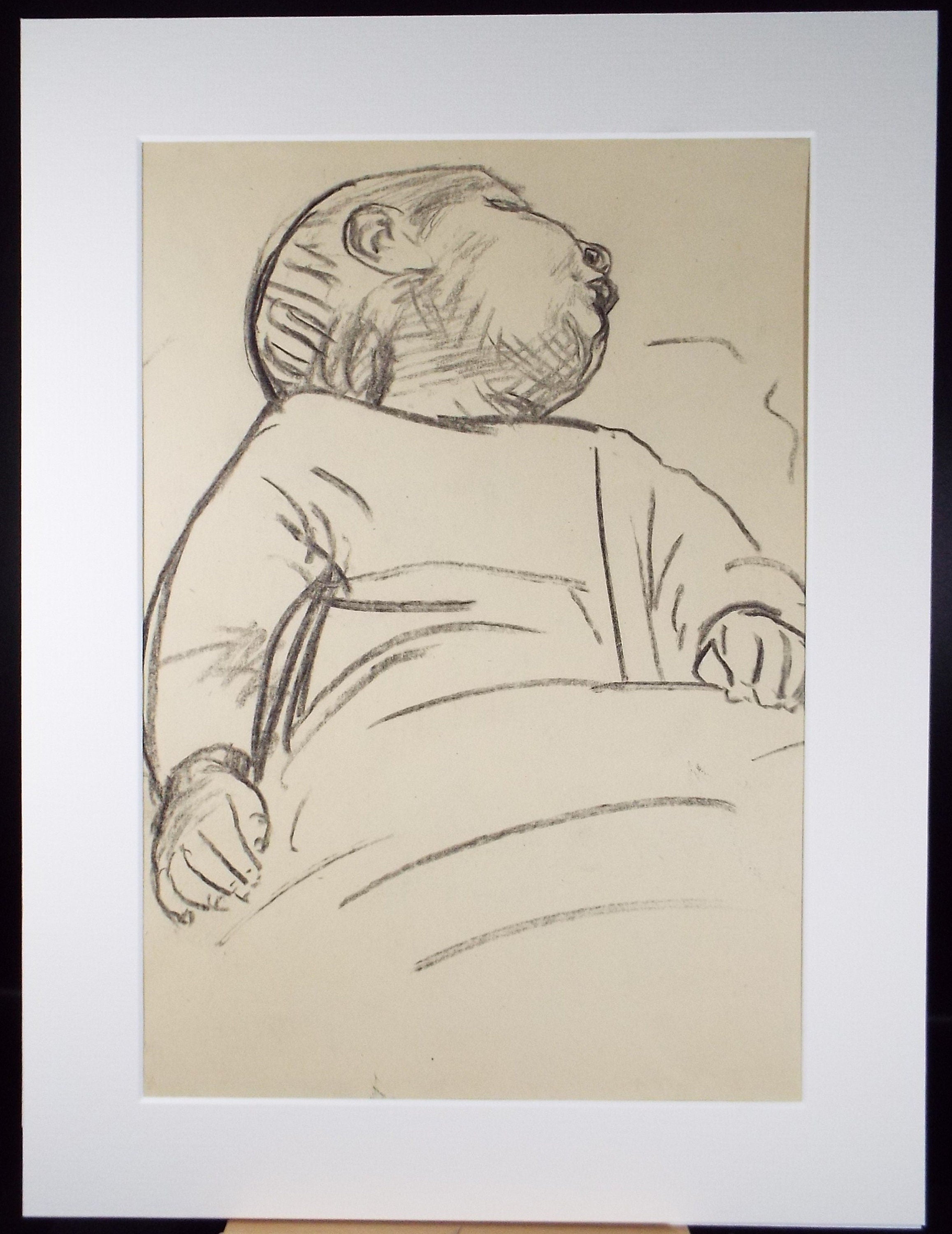 Original Conte Drawing, 'Sleeping Baby', Leslie Duxbury ARCA (1921-2001), Circa 1970's