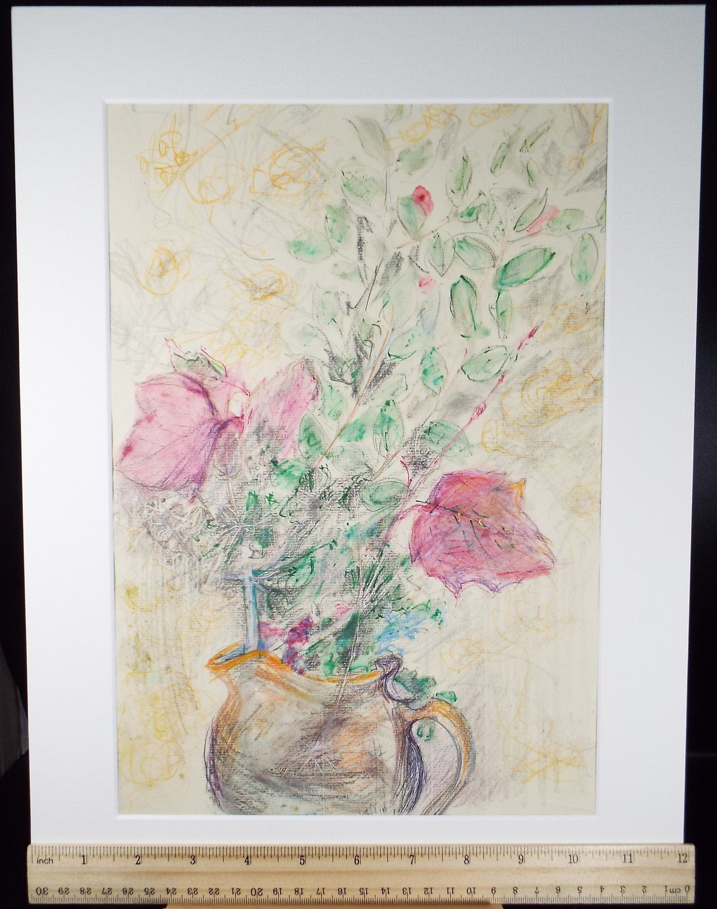 Original Coloured Pencil drawing 'Flowers Still Life', Leslie Duxbury ARCA (1921-2001), Circa 1950's