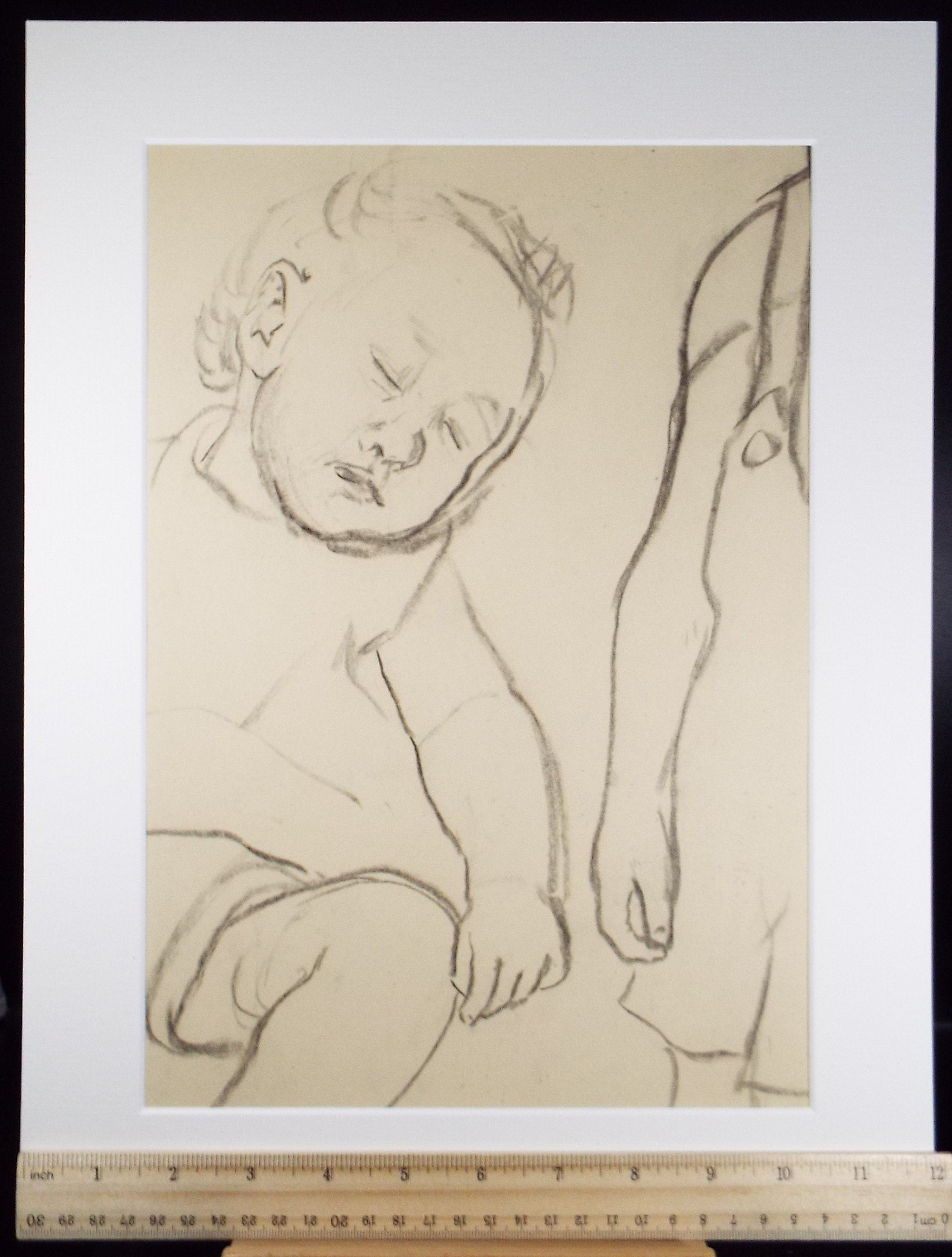 Original Conte Drawing, 'Sleeping Child', Leslie Duxbury ARCA (1921-2001), Circa 1970's