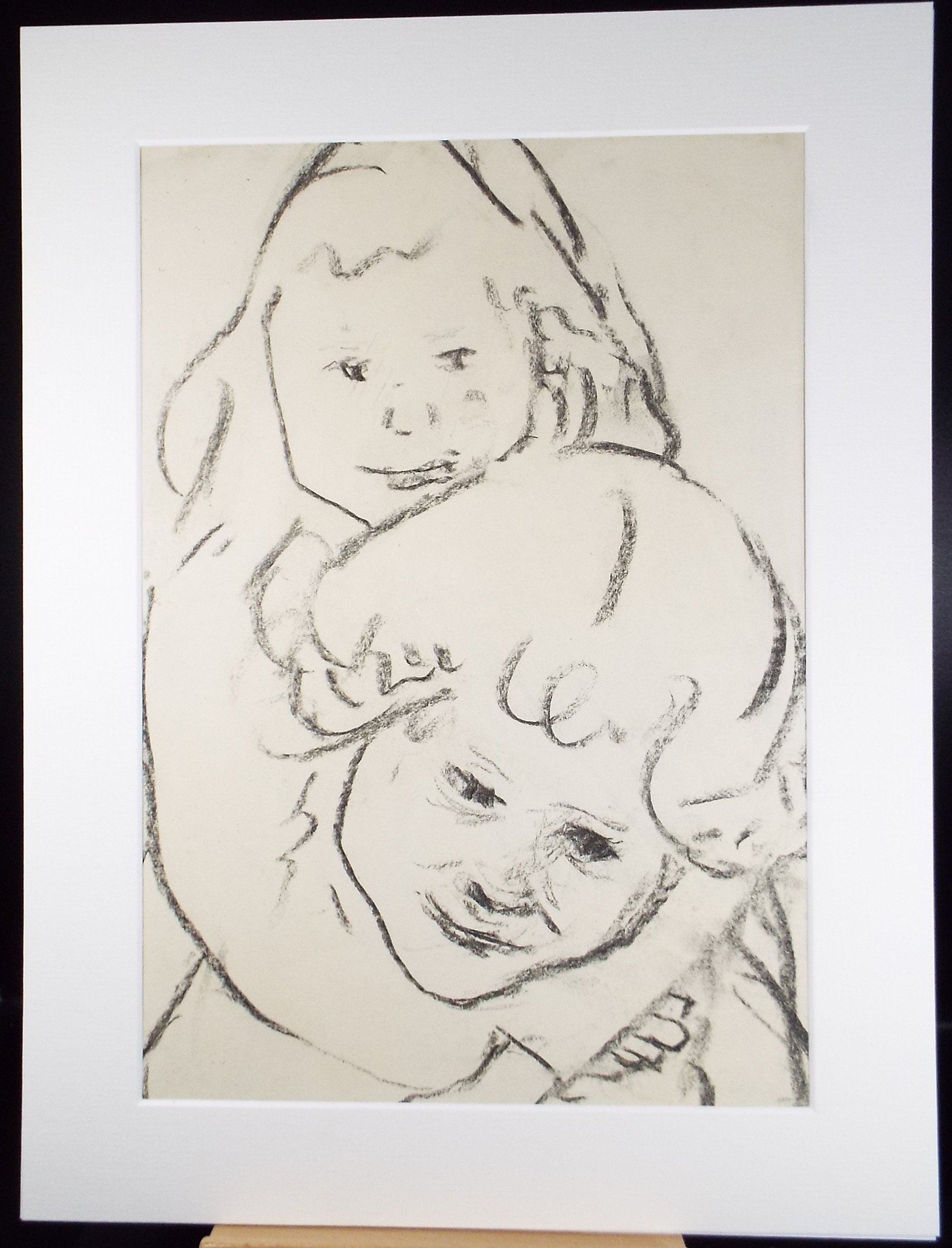 Original Conte Drawing, 'Children Playing', Leslie Duxbury ARCA (1921-2001), Circa 1970's