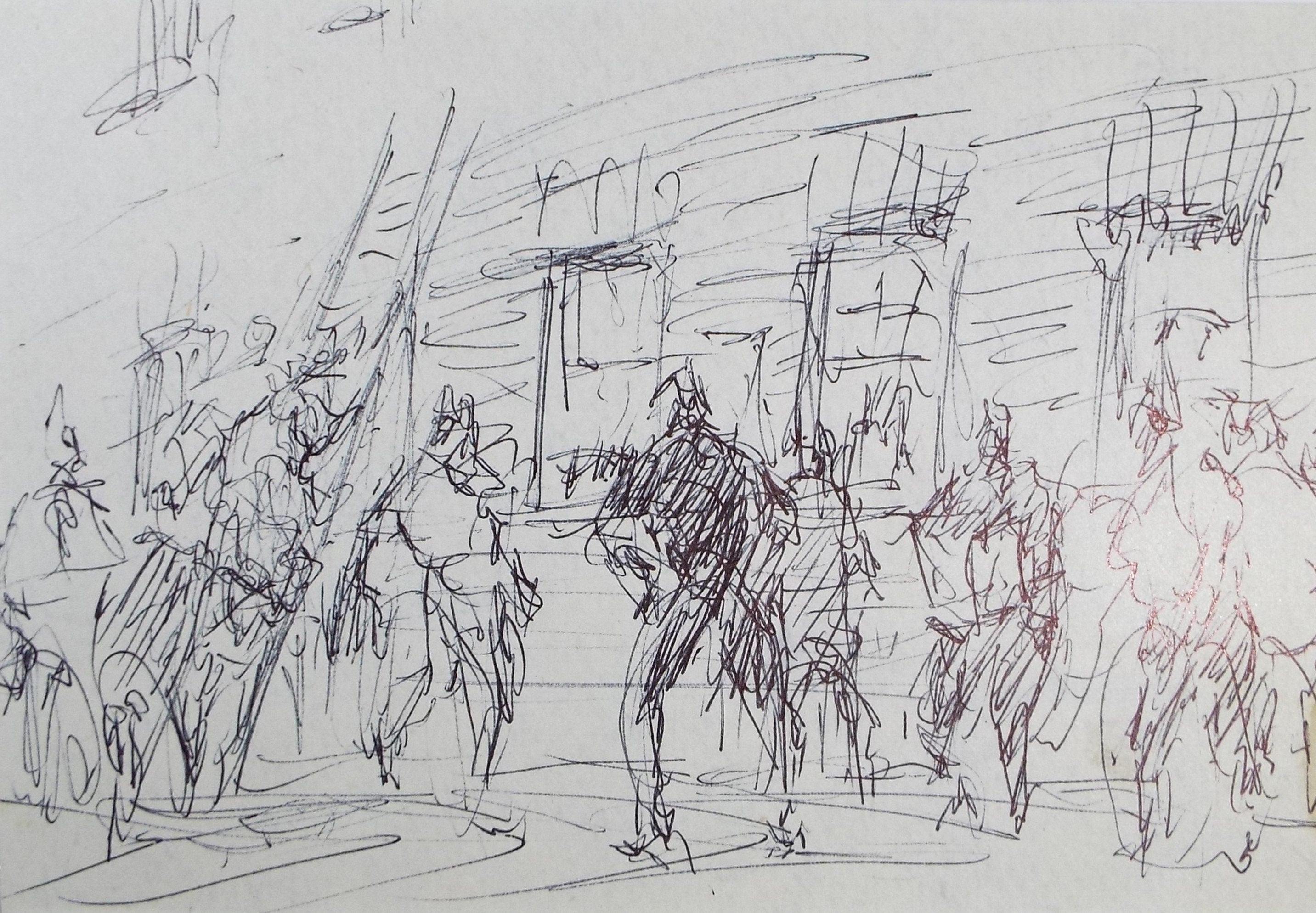 Original Pen & ink sketch, 'Street Scene with Figures', Hugh McKenzie (1909-2005), Mid 20th Century