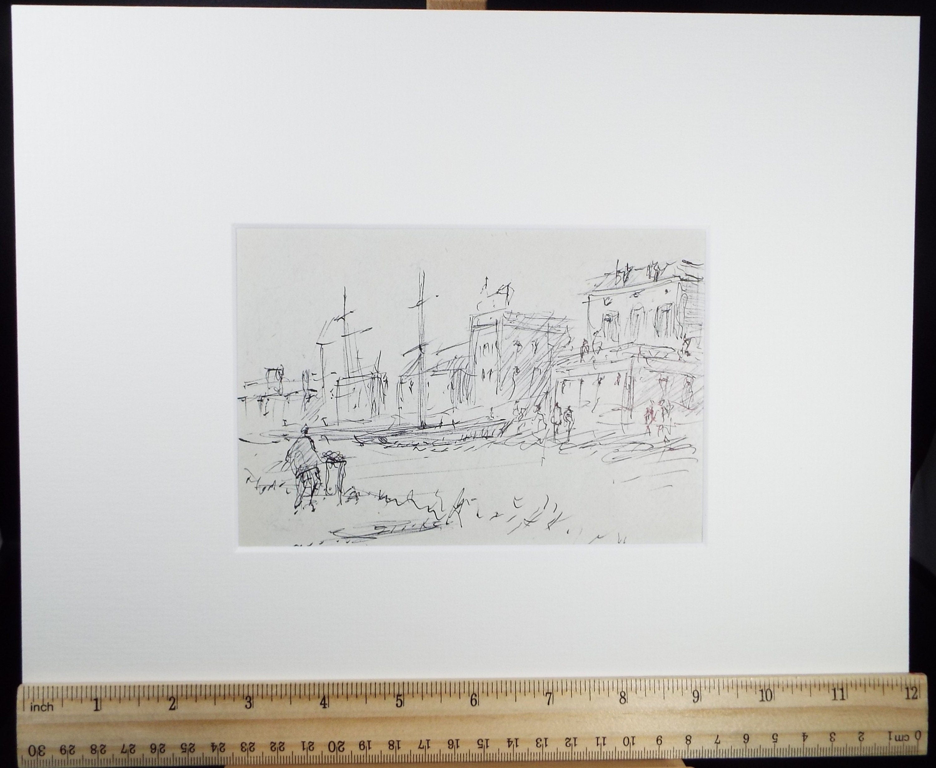 Original Pen & ink sketch, 'Quayside with Figures', Hugh McKenzie (1909-2005), Mid 20th Century