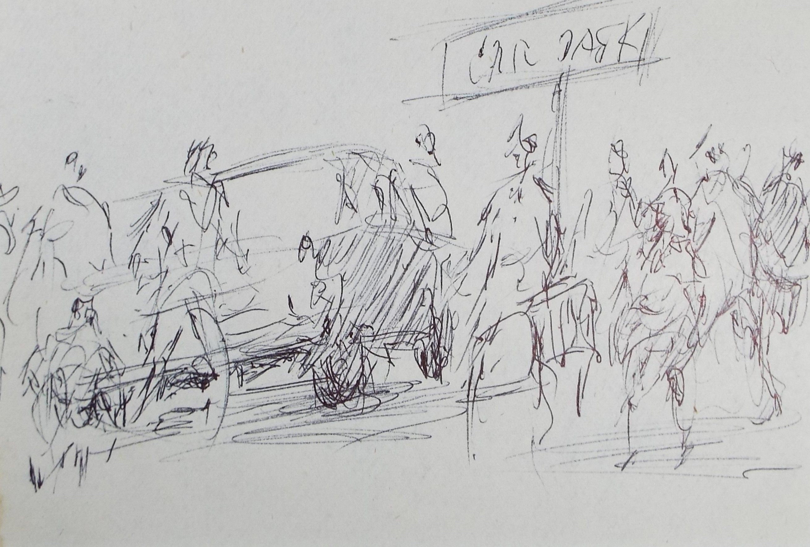 Original Pen & ink sketch, 'Car with Figures', Hugh McKenzie (1909-2005), Mid 20th Century