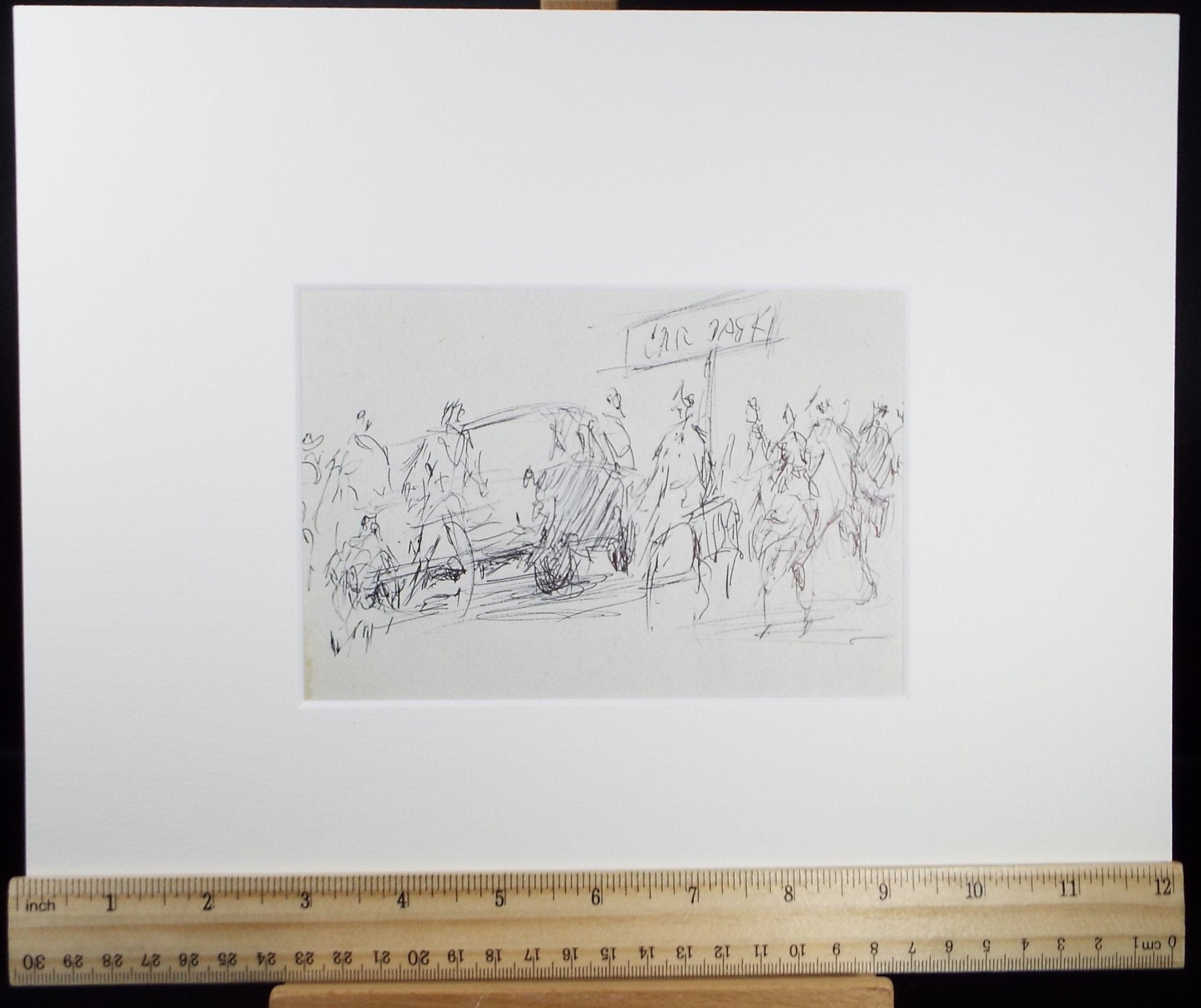 Original Pen & ink sketch, 'Car with Figures', Hugh McKenzie (1909-2005), Mid 20th Century