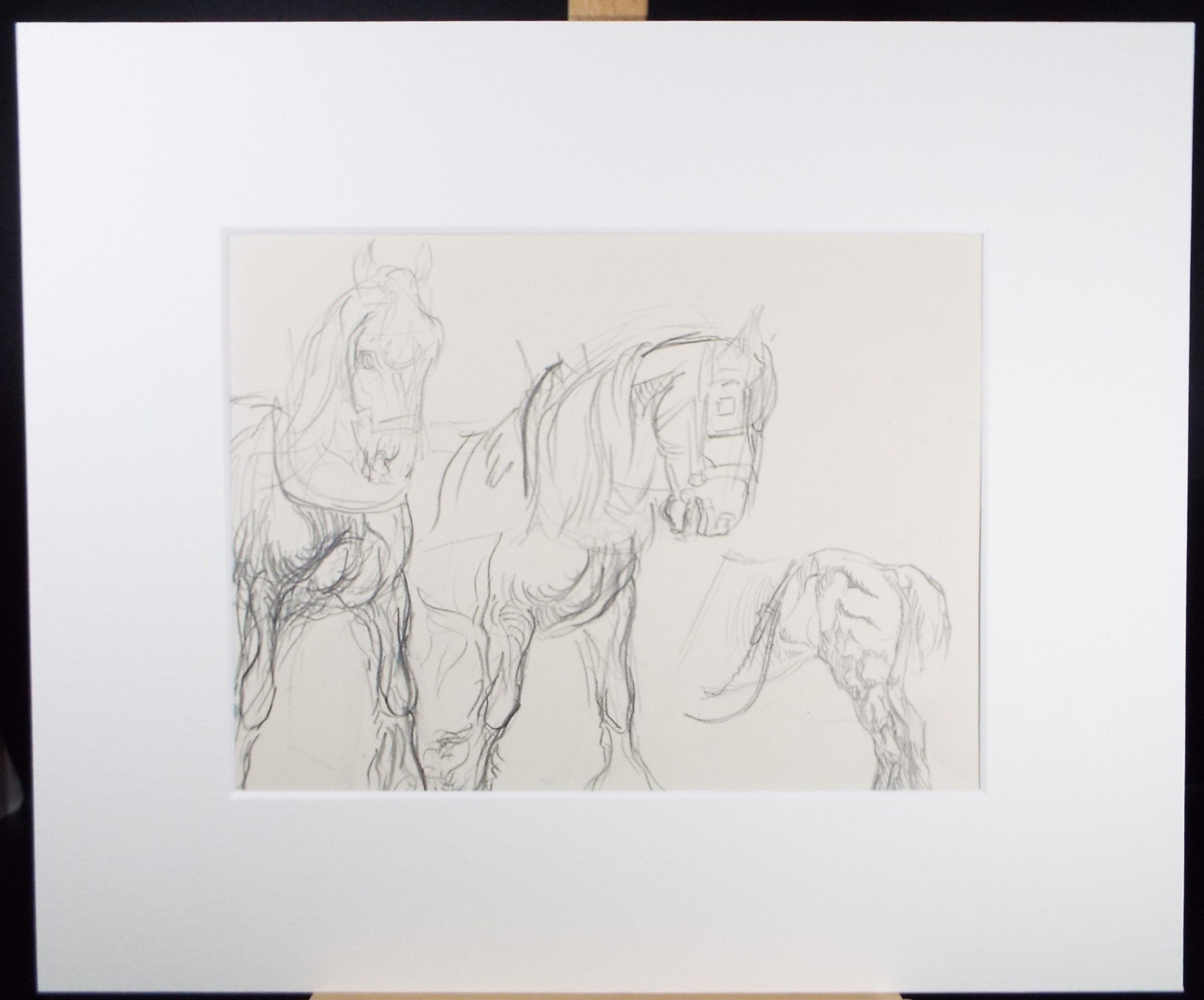 Original Pencil Sketch,'Study of Heavy horses', Helen Collins (1921-1990), circa 1938/9