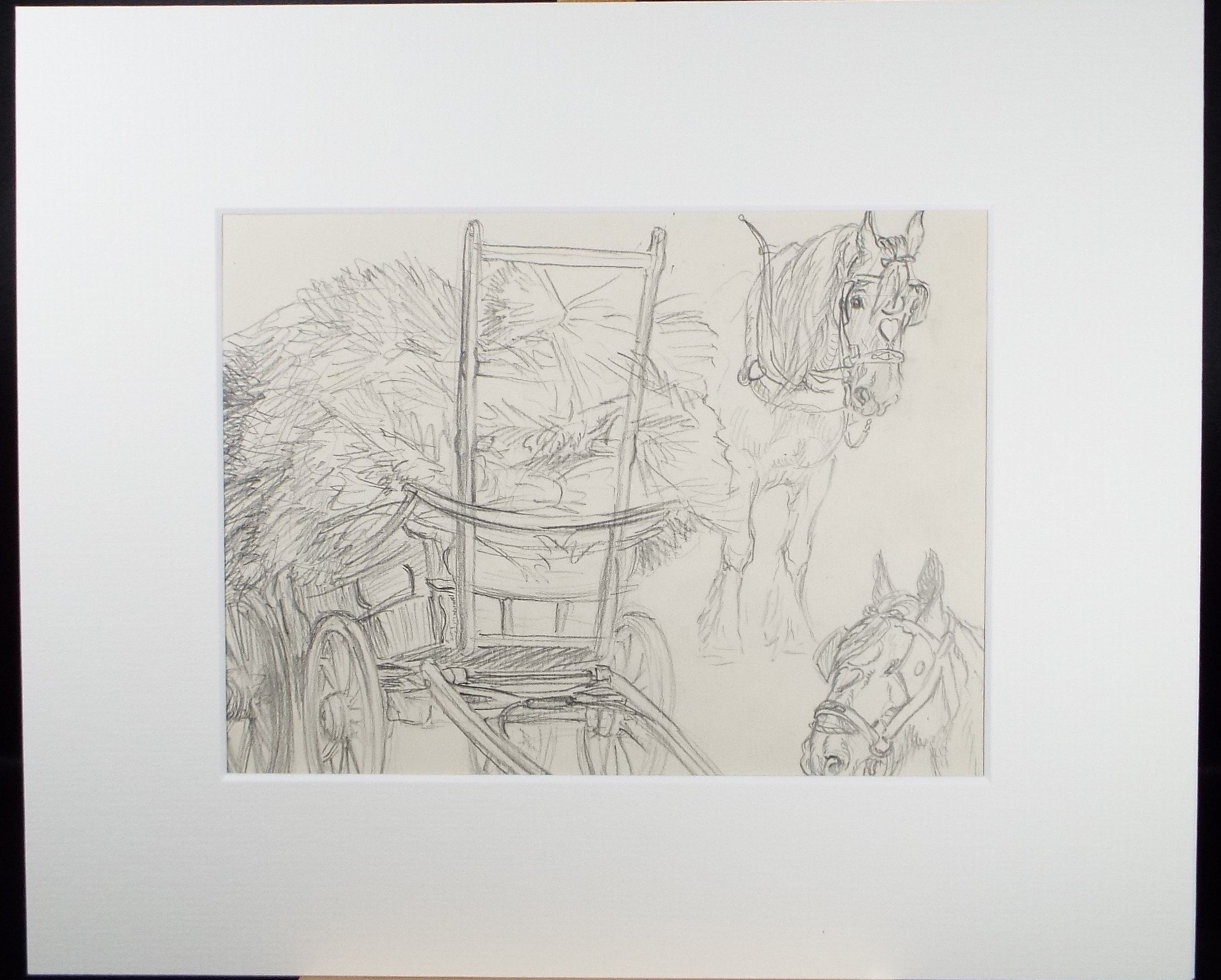 Original Pencil Sketch,'Study of Heavy horses & hay rick', Helen Collins (1921-1990), circa 1938/9