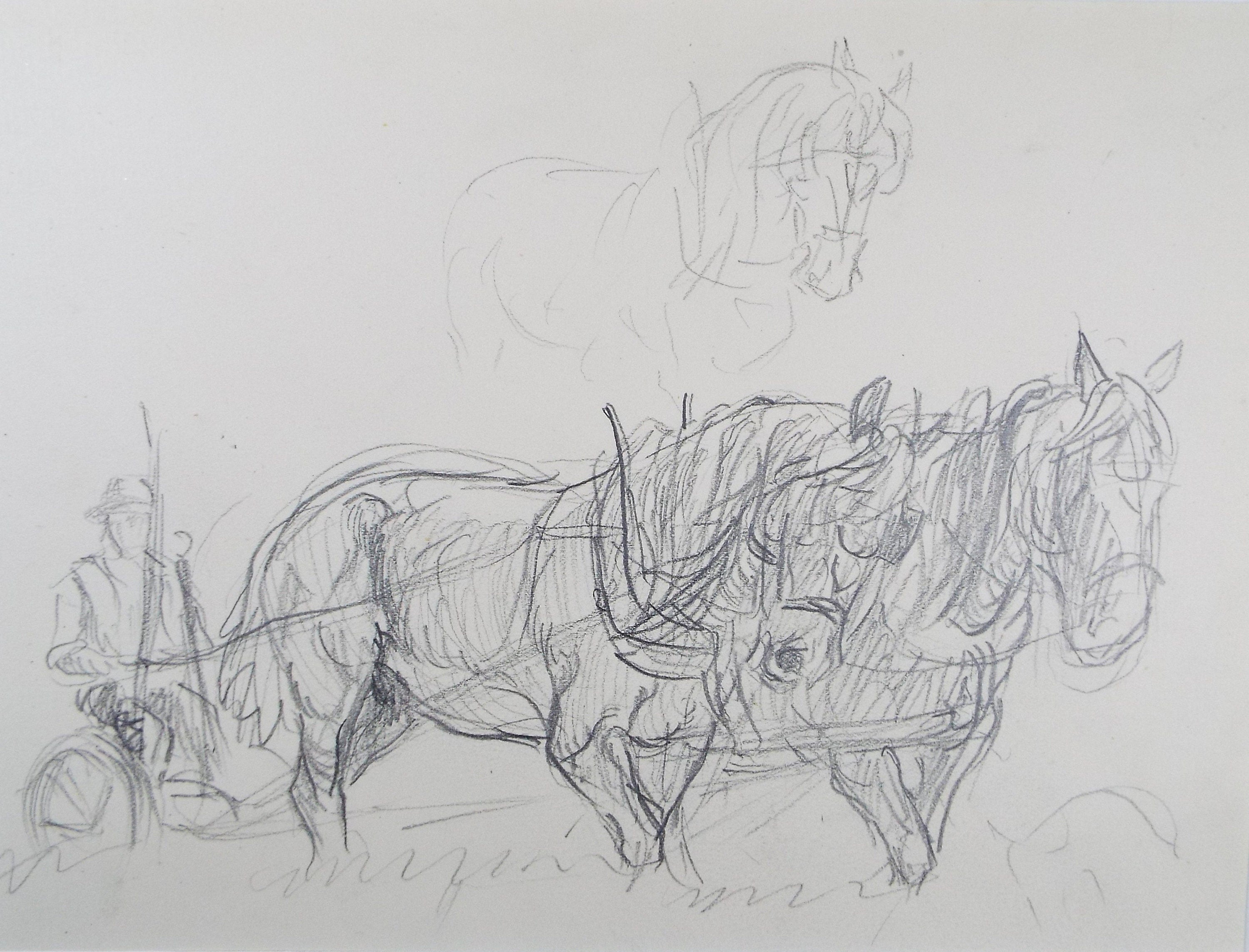 Original Pencil Sketch,'Study of Heavy horses', Helen Collins (1921-1990), circa 1938/9