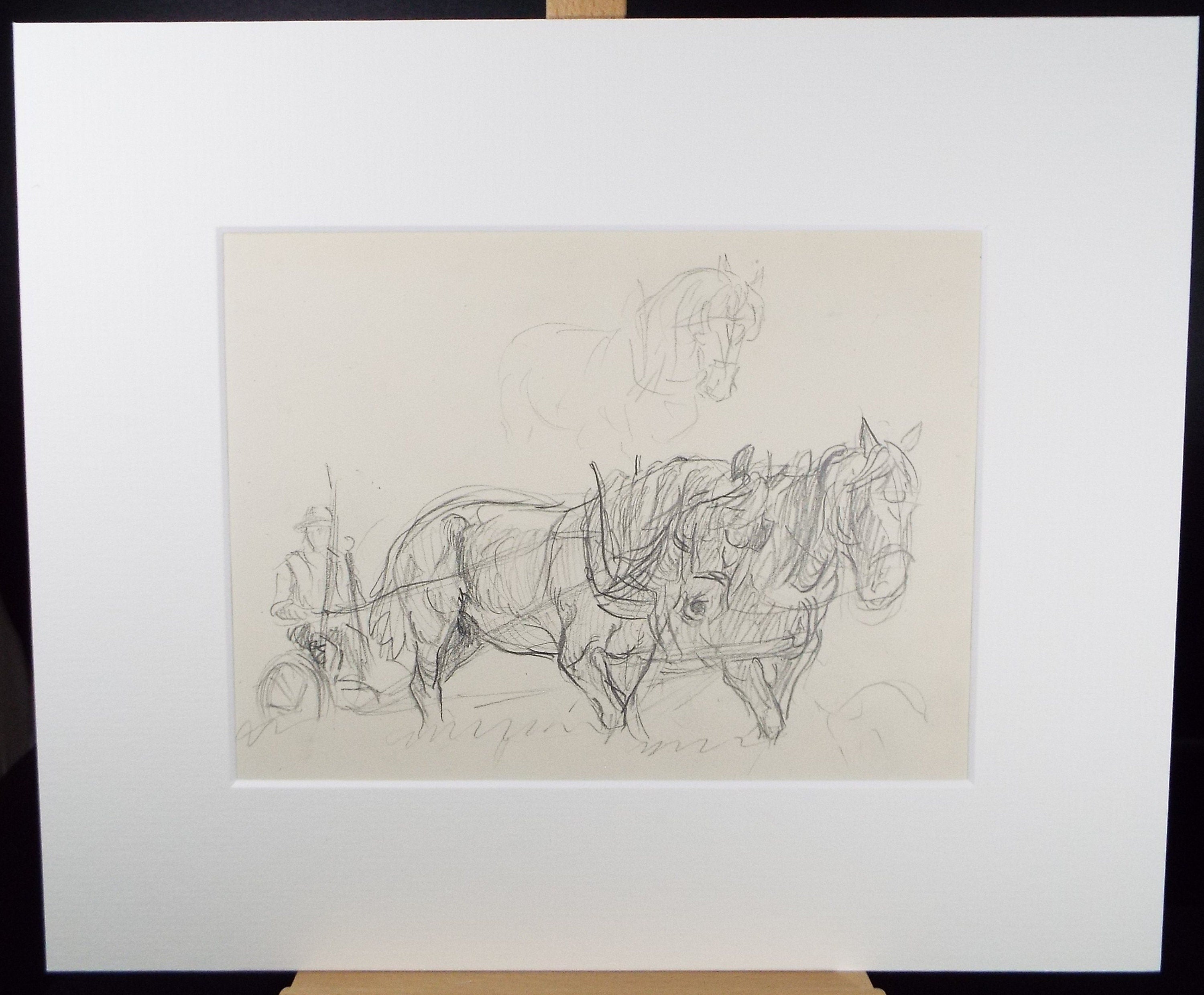 Original Pencil Sketch,'Study of Heavy horses', Helen Collins (1921-1990), circa 1938/9