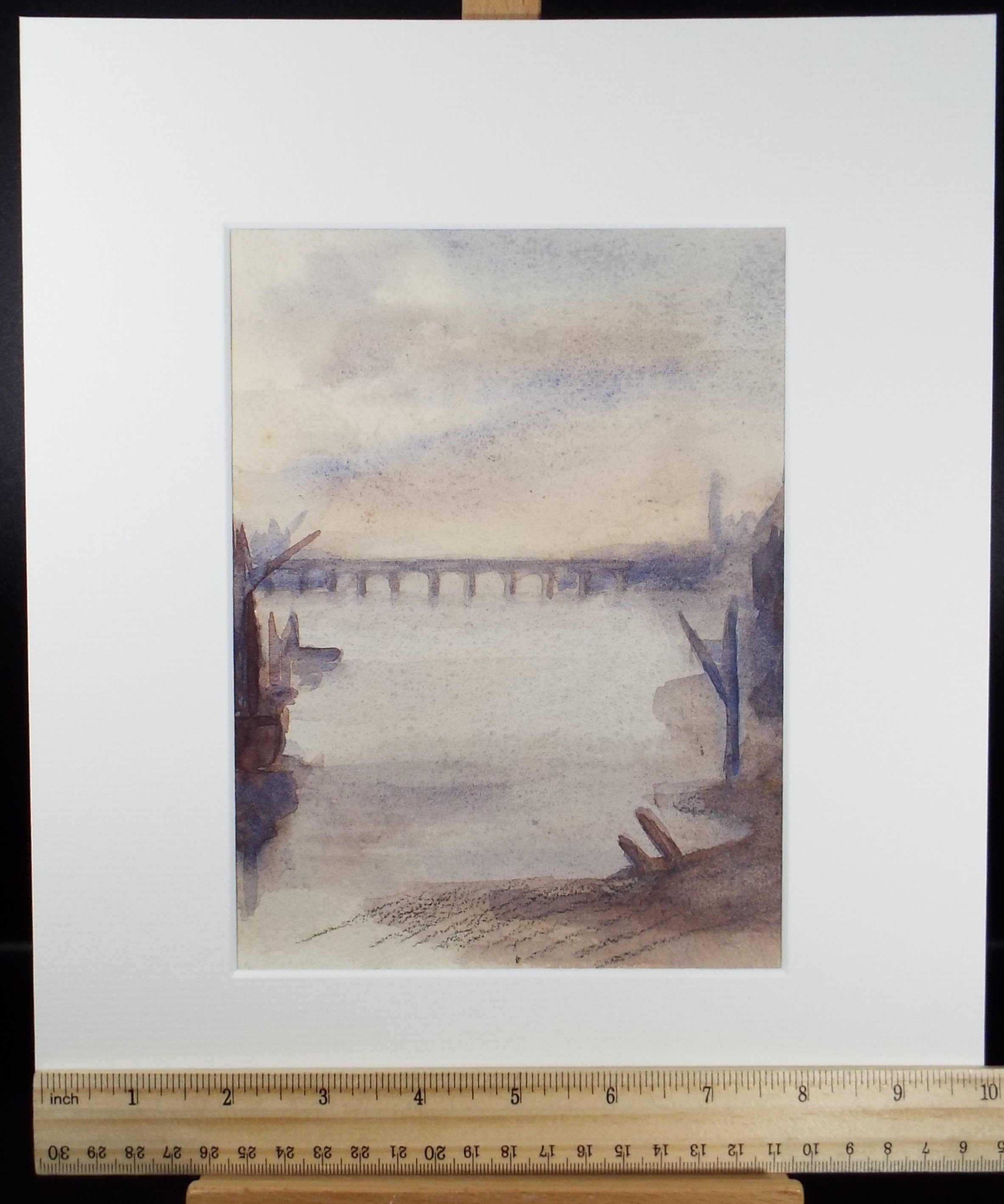 Original Watercolour on Paper,'Bridge Across the River' , unknown artist, circa 1930's