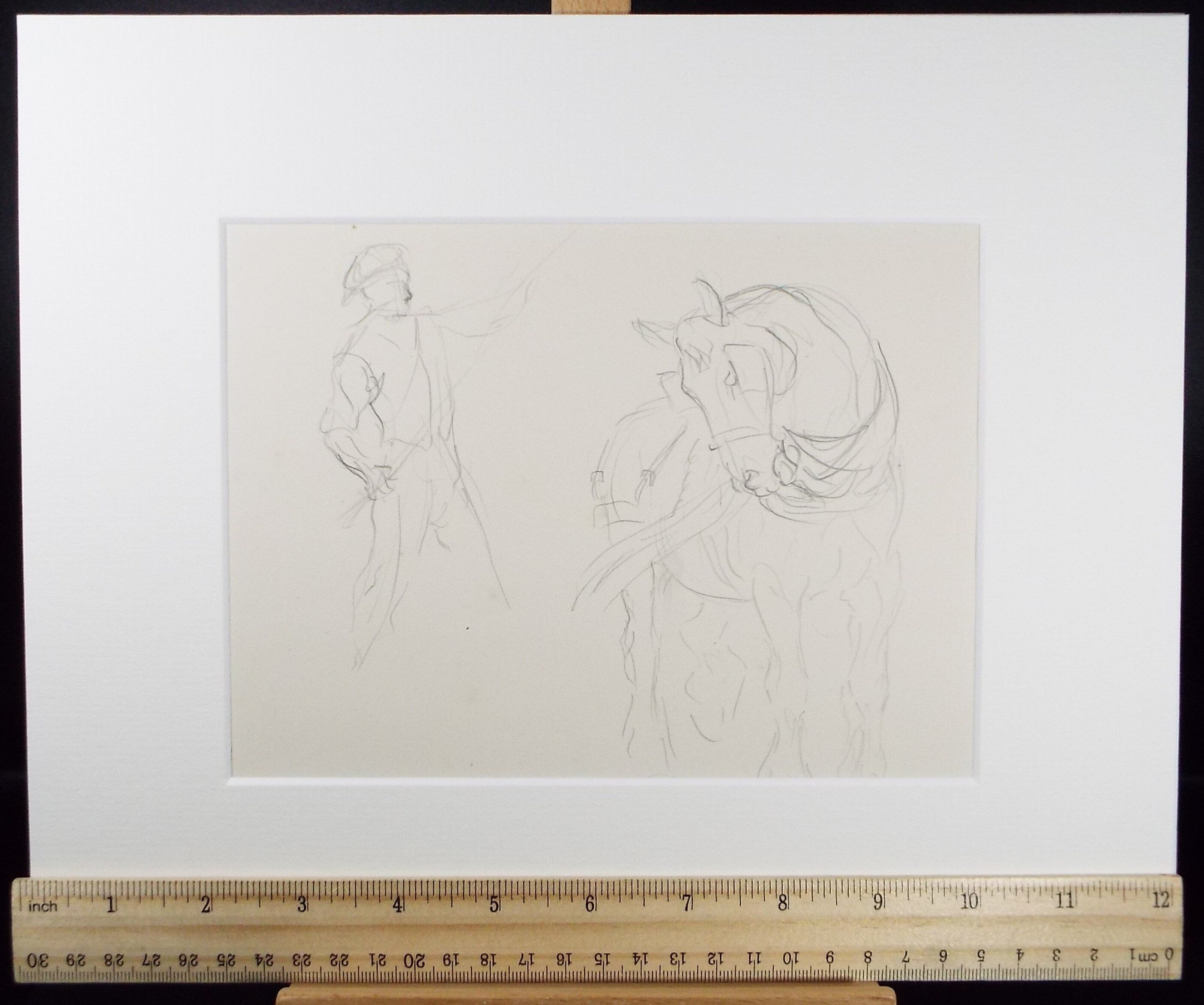 Original Pencil Sketch,'Farm Worker & heavy horse', Helen Collins (1921-1990), circa 1938/9