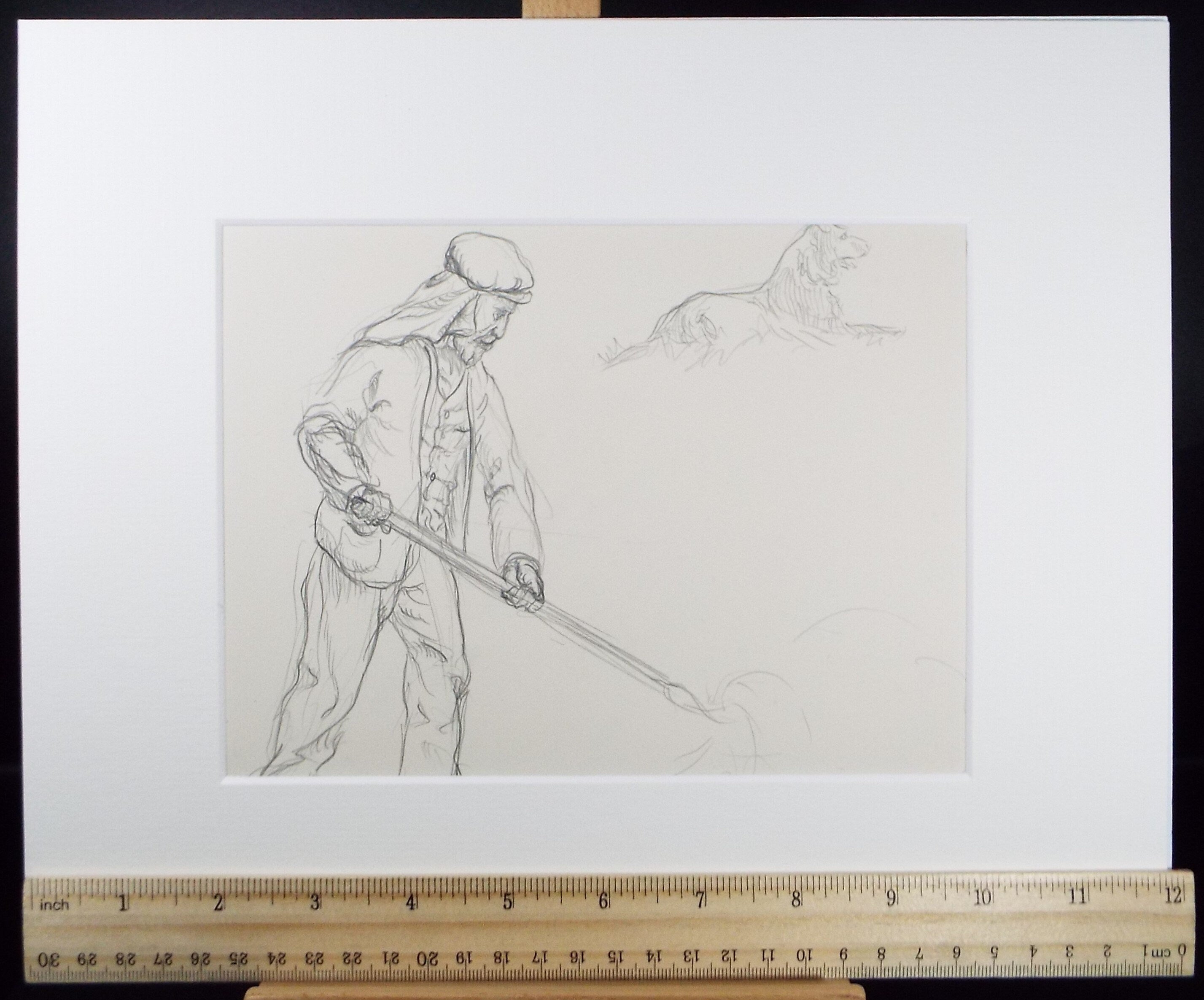 Original Pencil Sketch,'Farm worker with Dog', Helen Collins (1921-1990), circa 1938/9