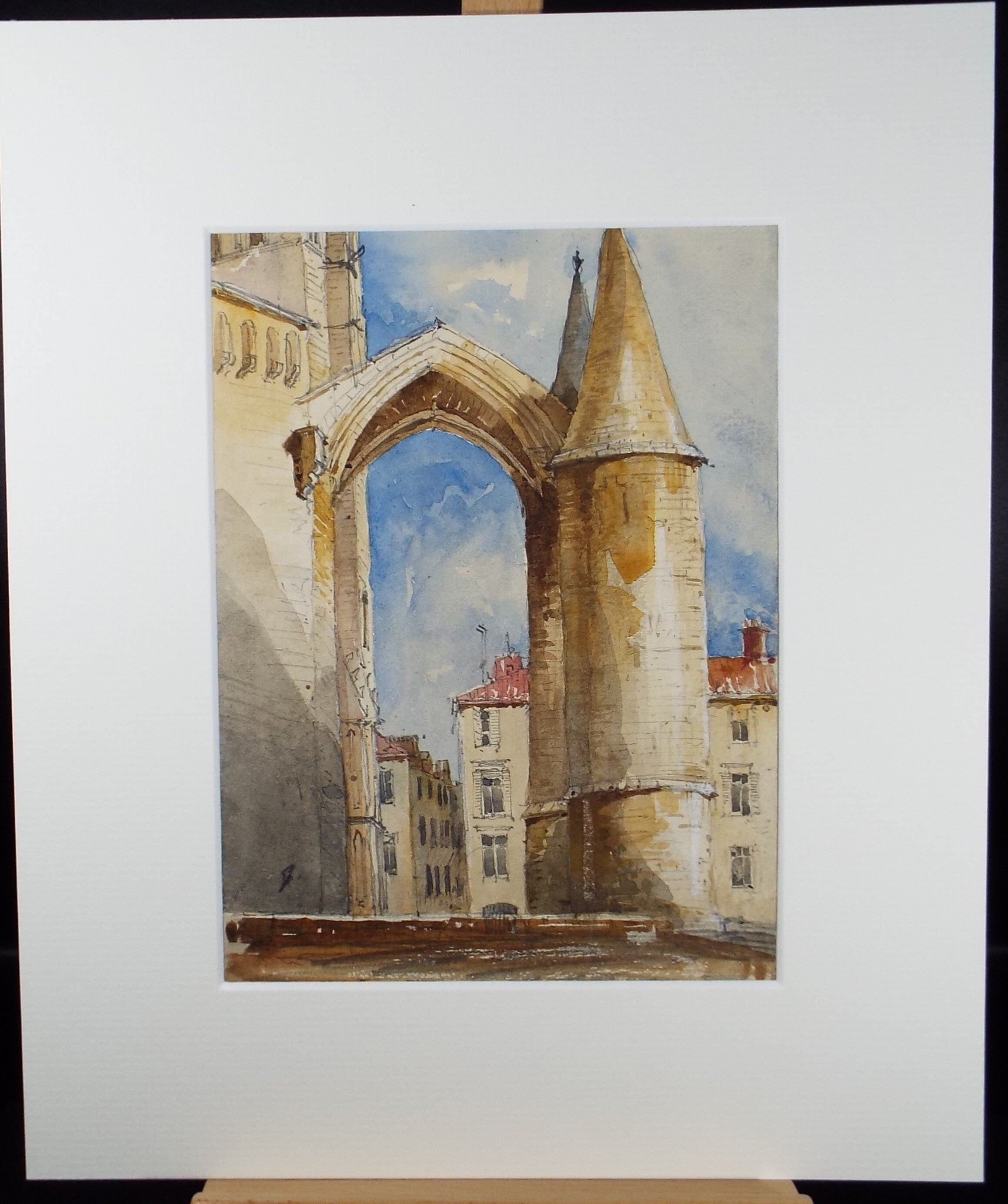 Original Watercolour, 'Cathedral with street beyond', artist unknown, Circa 1930's