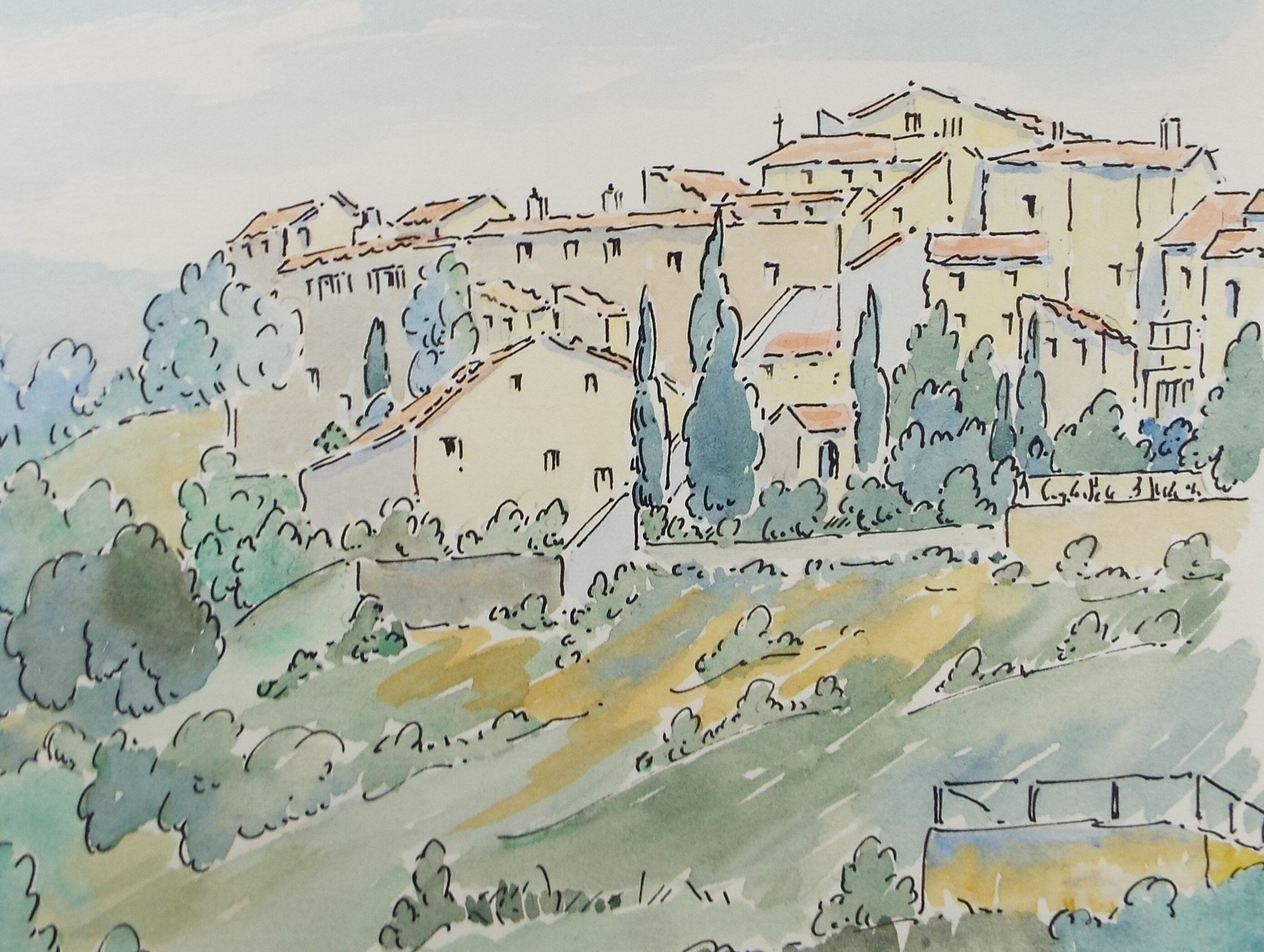 Original Watercolour & Ink , 'Mougins', Cicely Glyn de Beers (1891-1973), Dated 1964