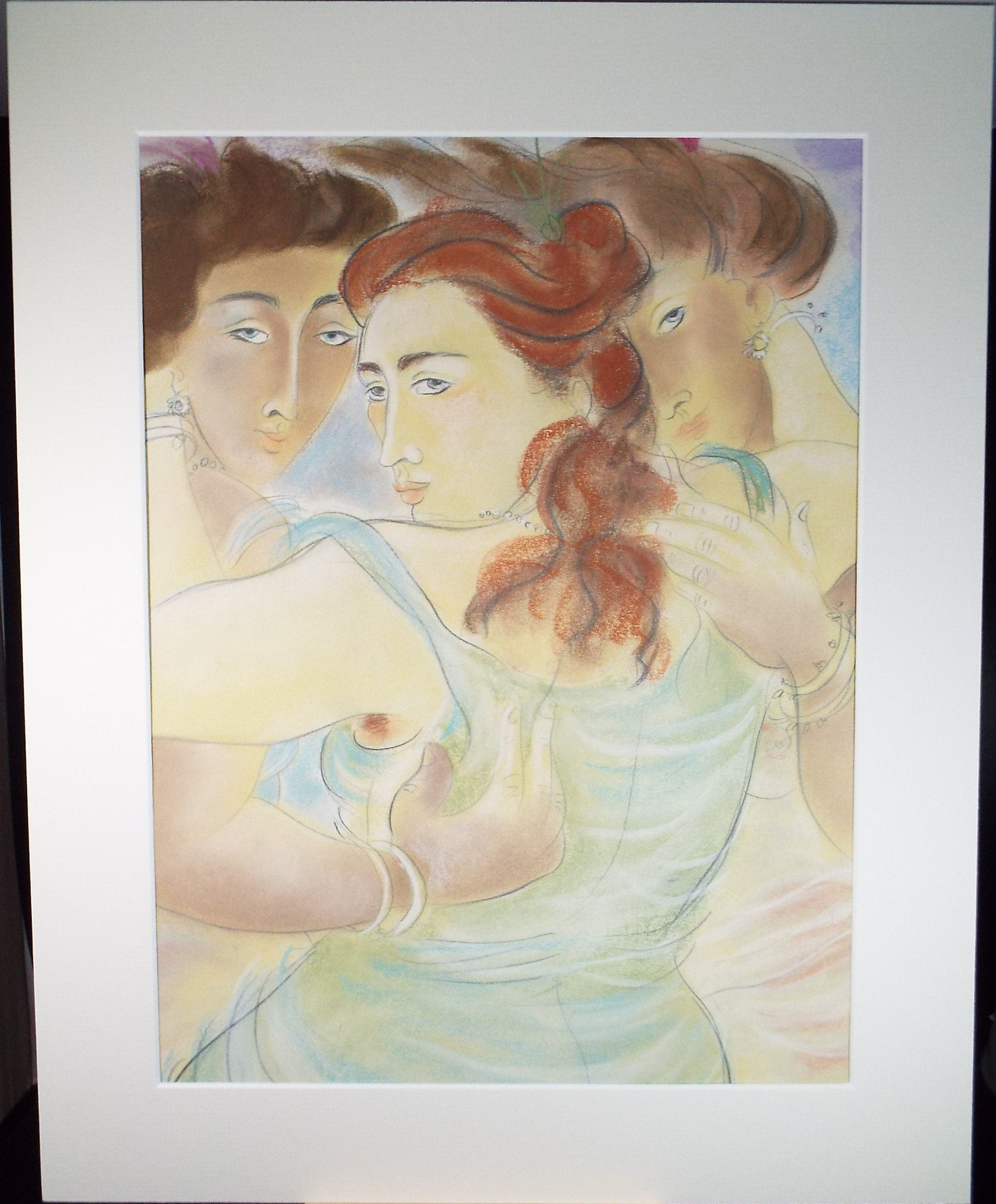 Original Pastel Drawing 'Three Beauties', Circa 1990's, Artist unknown