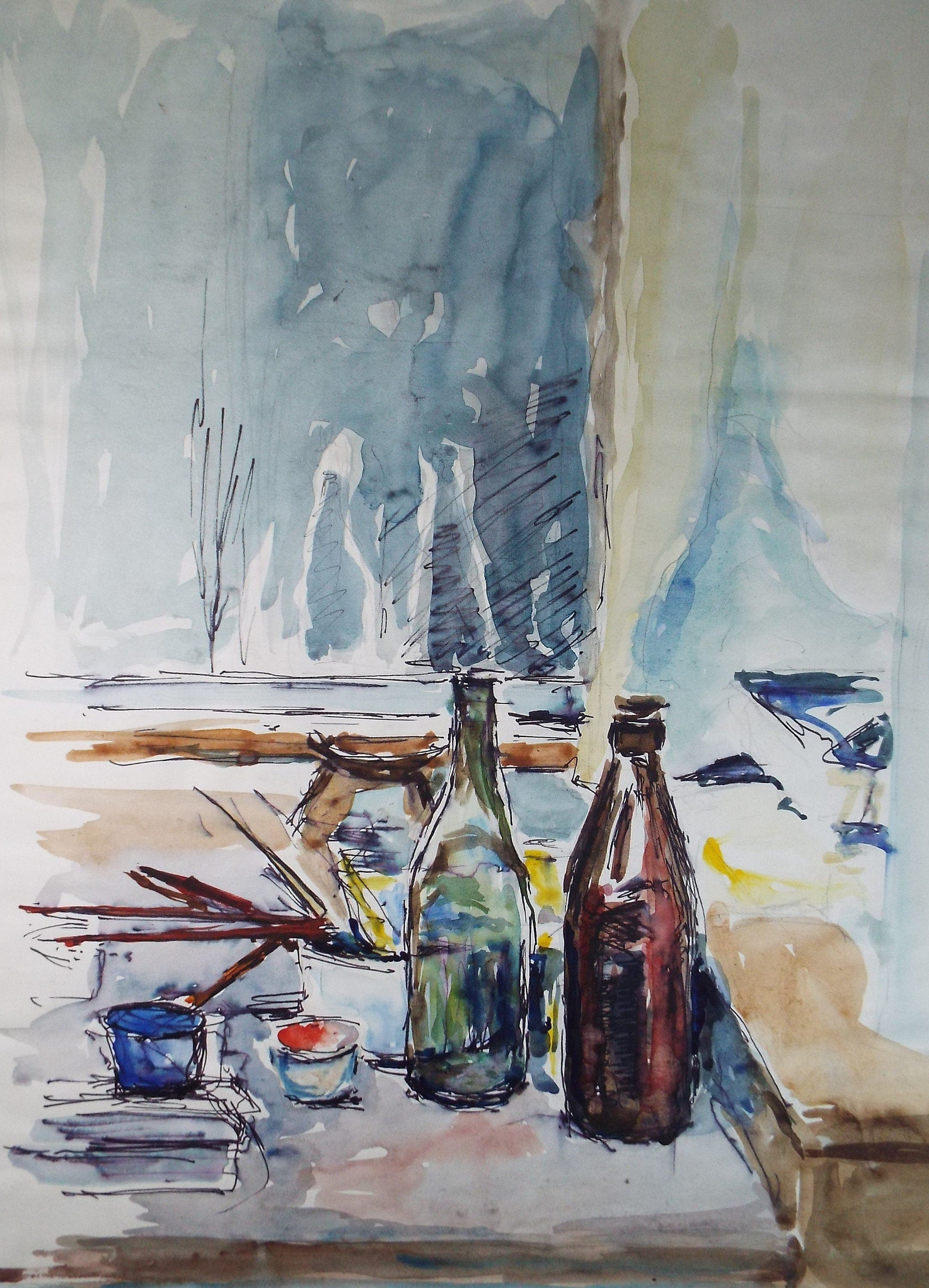 Original Watercolour & Ink , 'Still life of bottles', c1980's, Artist Unknown