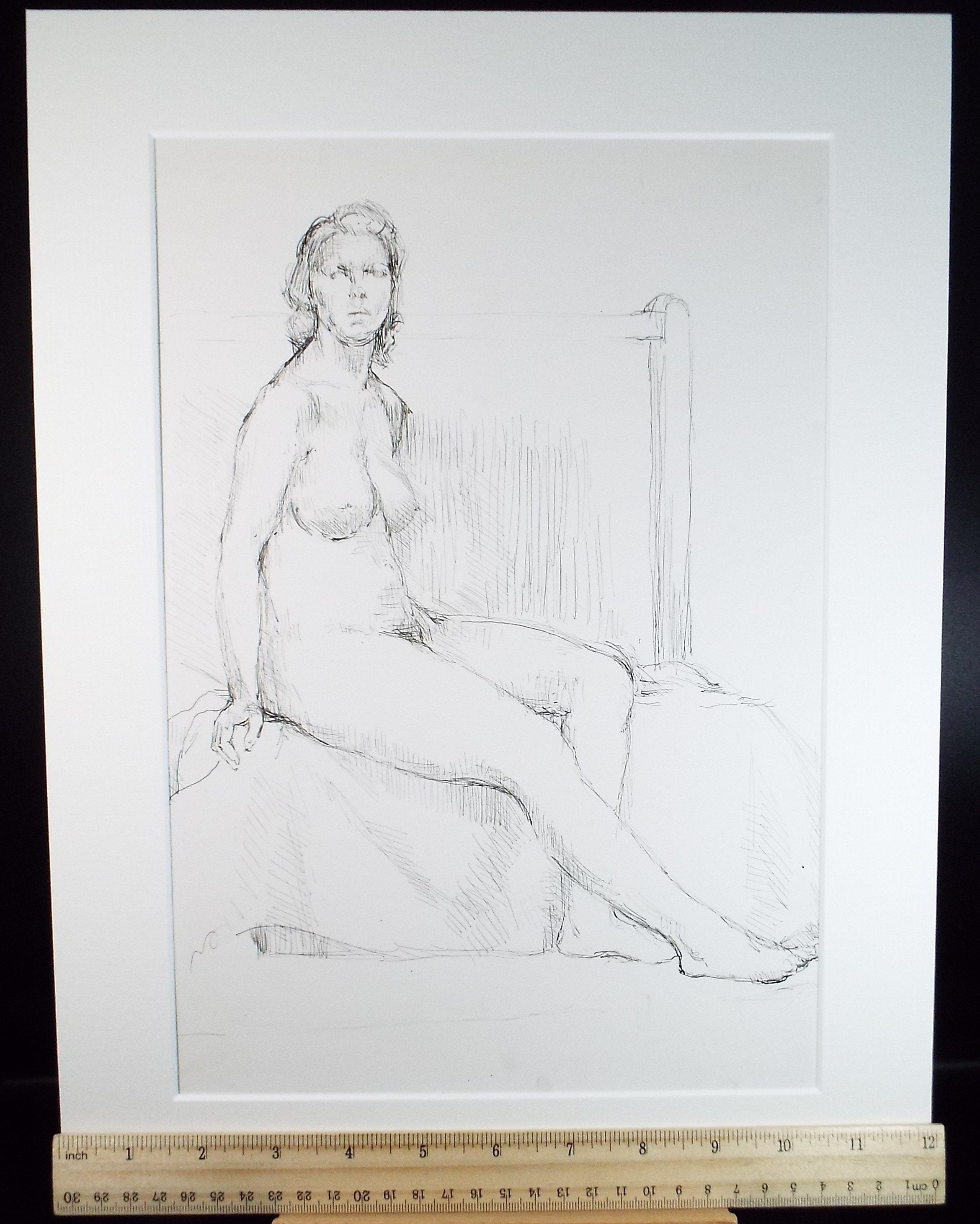 Original Pen & Ink Sketch,'Seated Nude', dated 1949, Hilda Burford 1887-1957