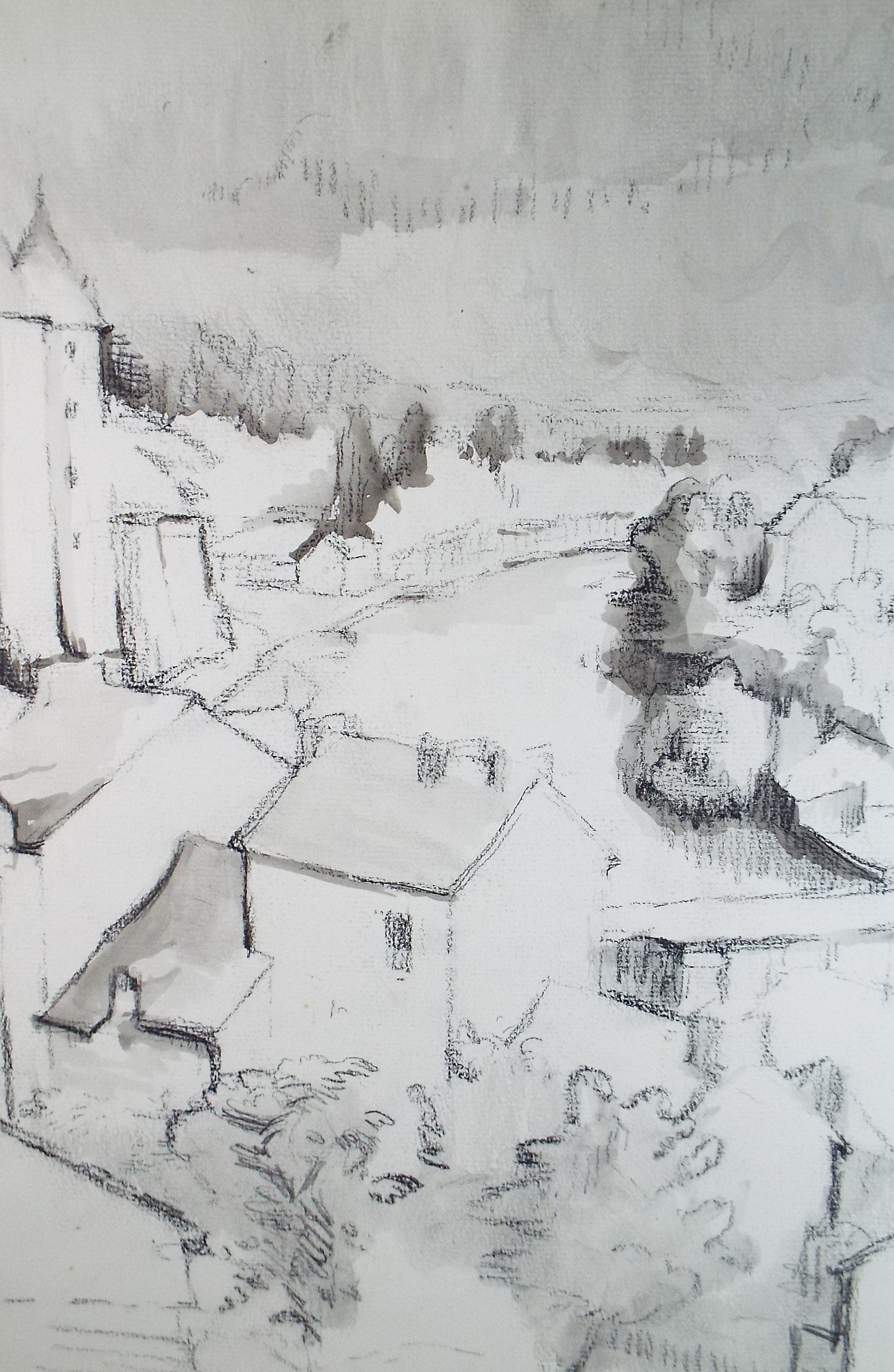 Original Conte & wash, 'Town and castle', Circa 1980, Mariota Bosanquet 1923 -2022