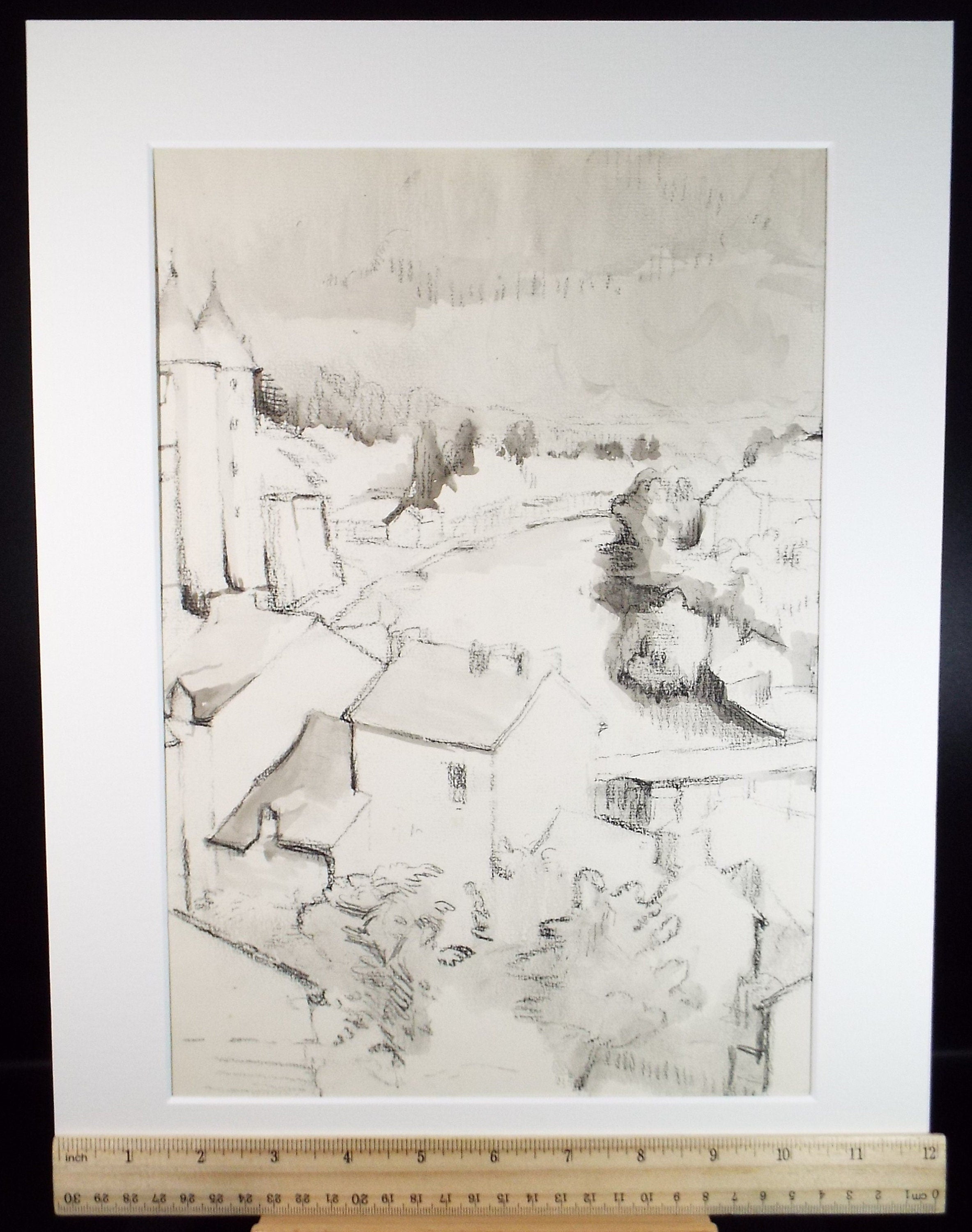 Original Conte & wash, 'Town and castle', Circa 1980, Mariota Bosanquet 1923 -2022