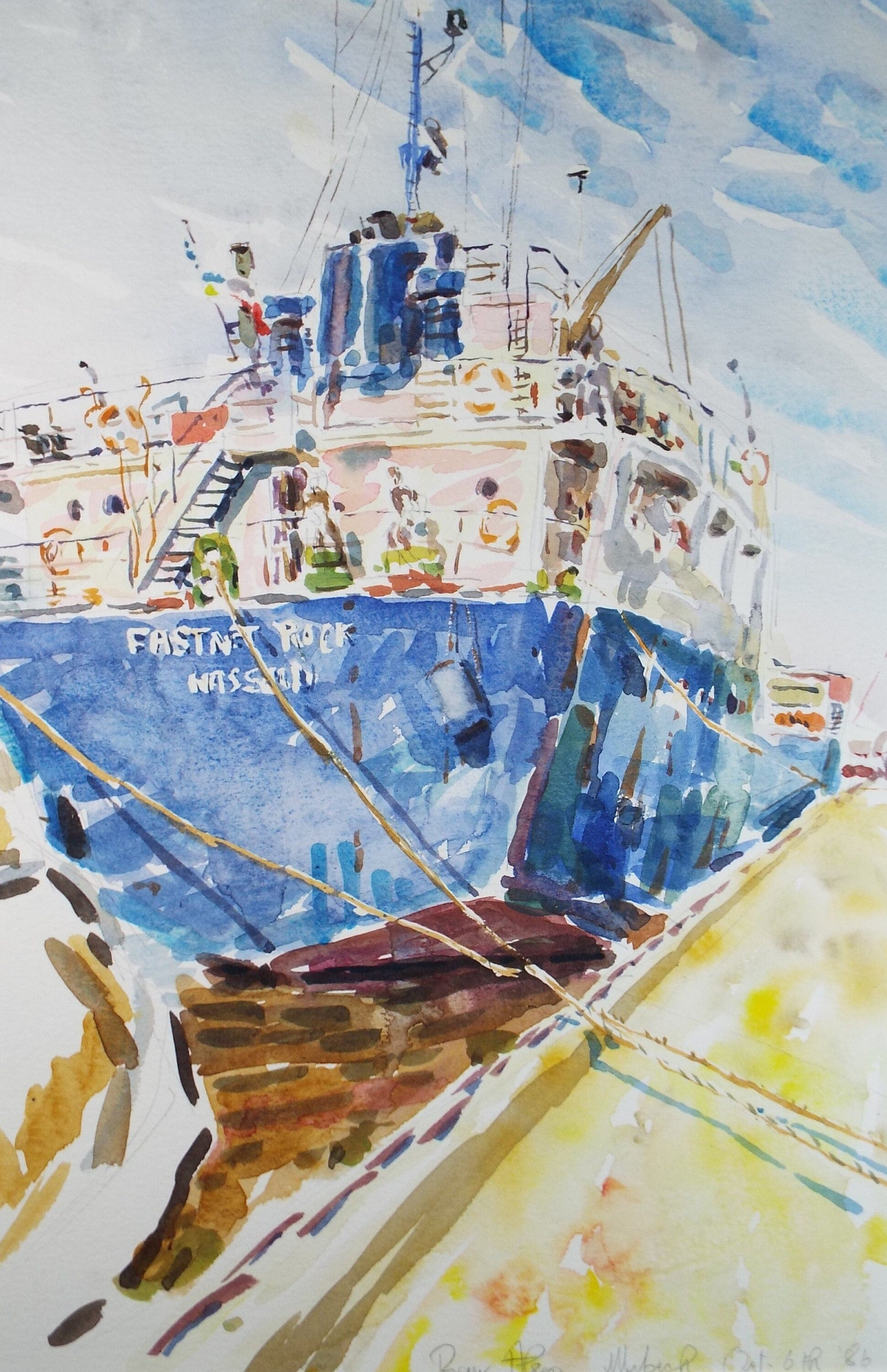 Original Watercolour,'Freighter Fastnet Rock', Roger Alsop, dated 1986
