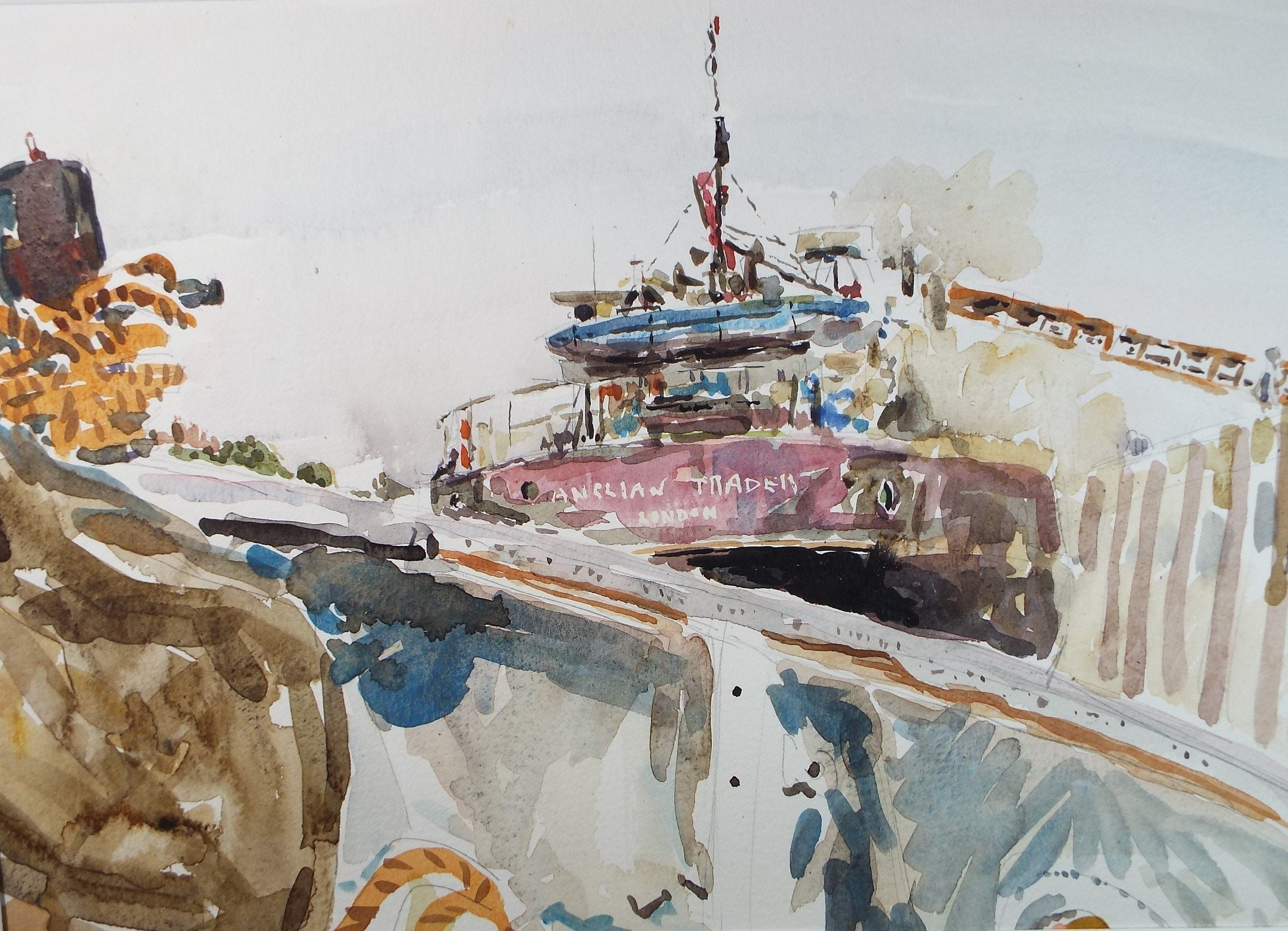 Original Watercolour,'Freighter Anglian Trader', Roger Alsop, dated 1986