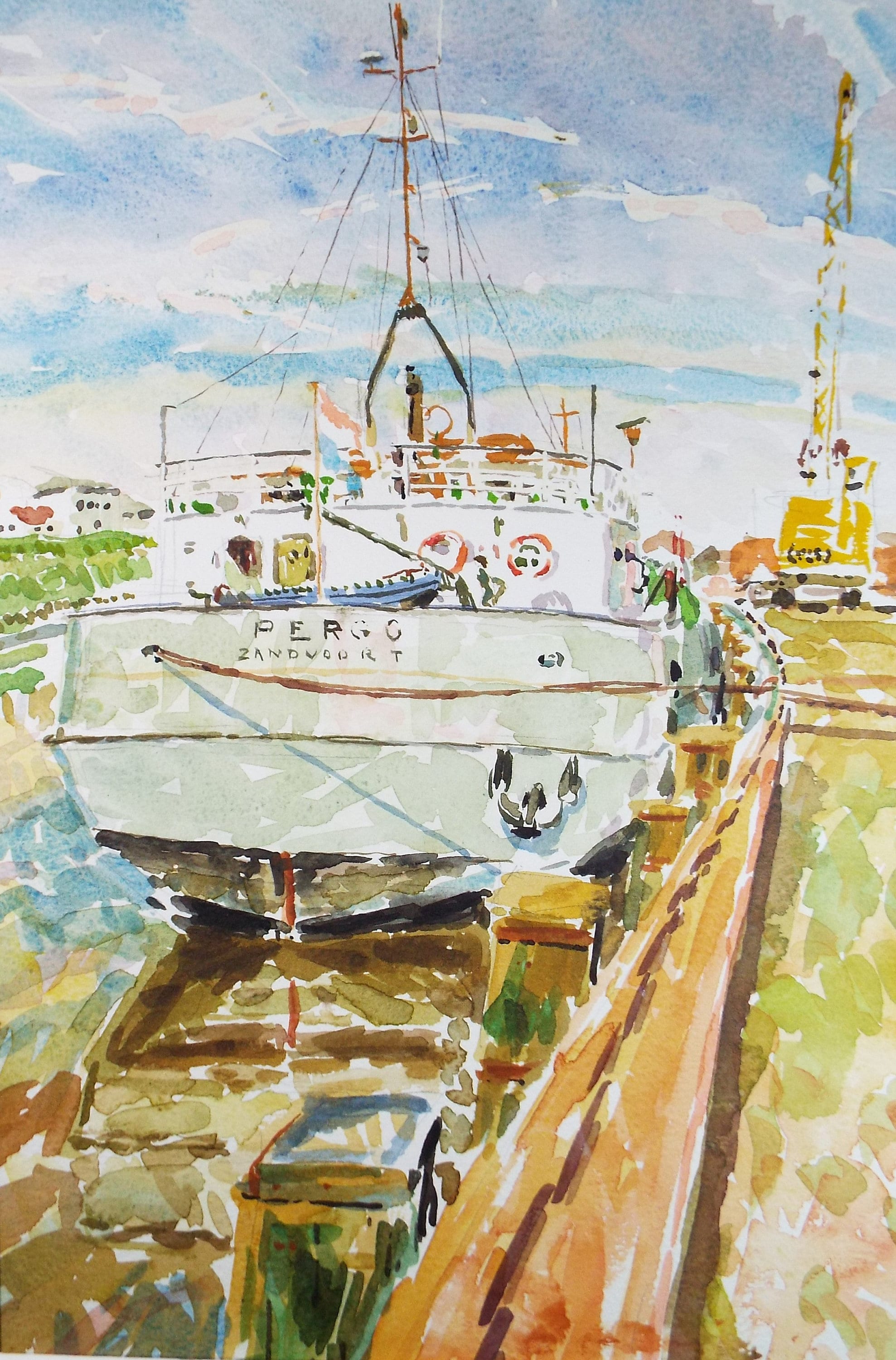 Original Watercolour,'Freighter Pergo', Roger Alsop, dated 1986