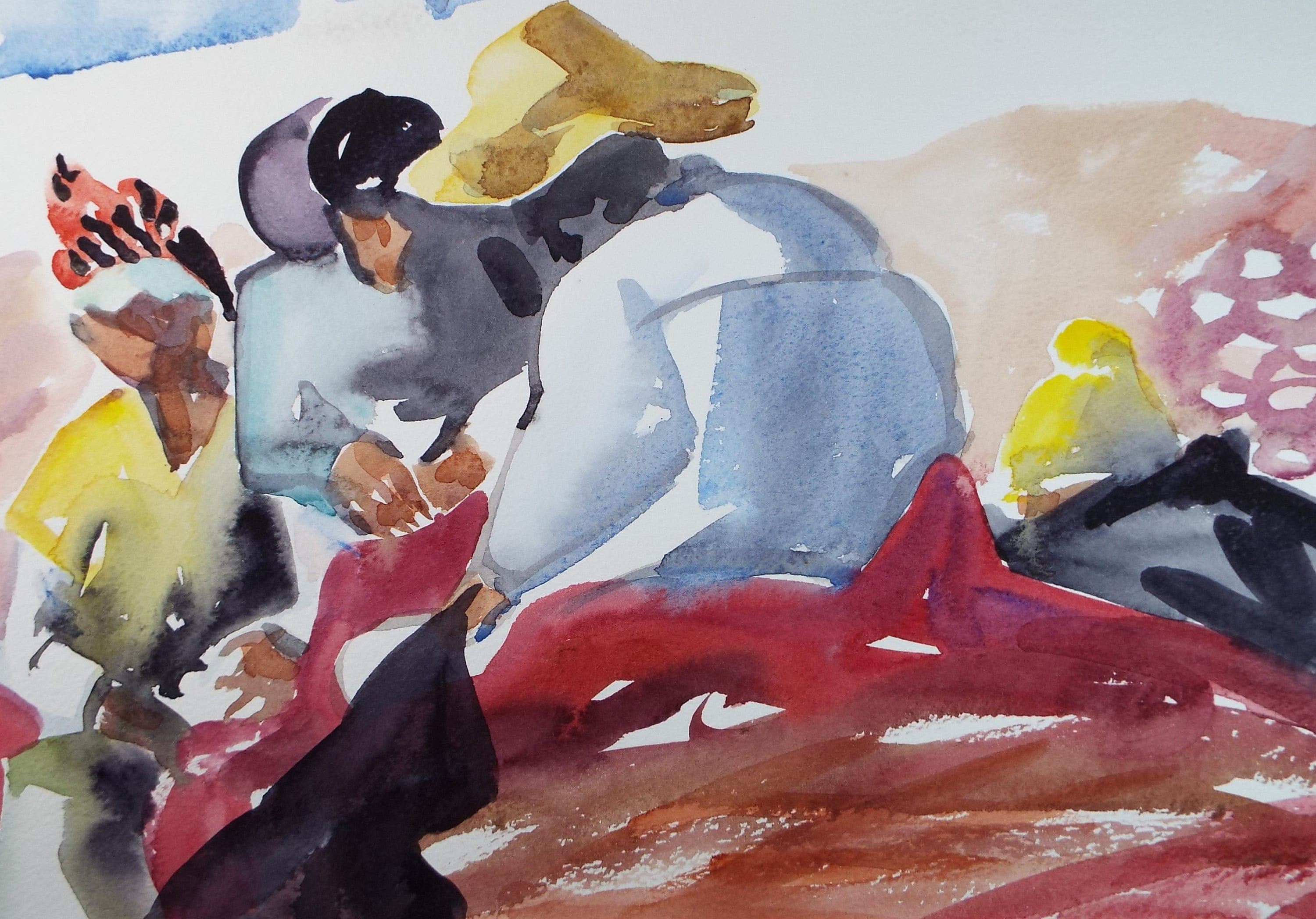 Original Watercolour,'Portuguese Fishermen', June Bevan, Circa 1990's