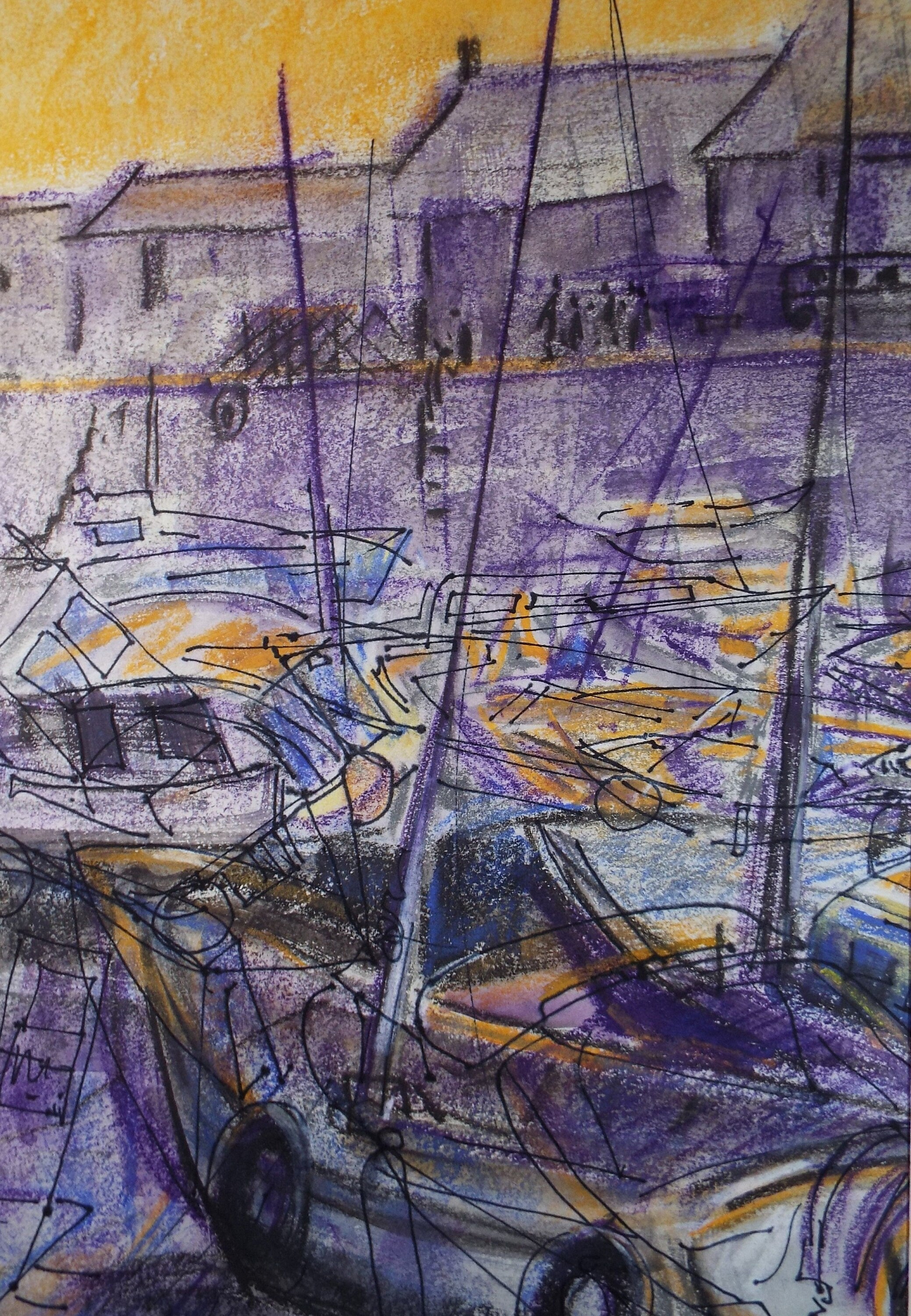 Original Pastel & ink 'Yachts at the Haven', June Bevan, Circa 1990's