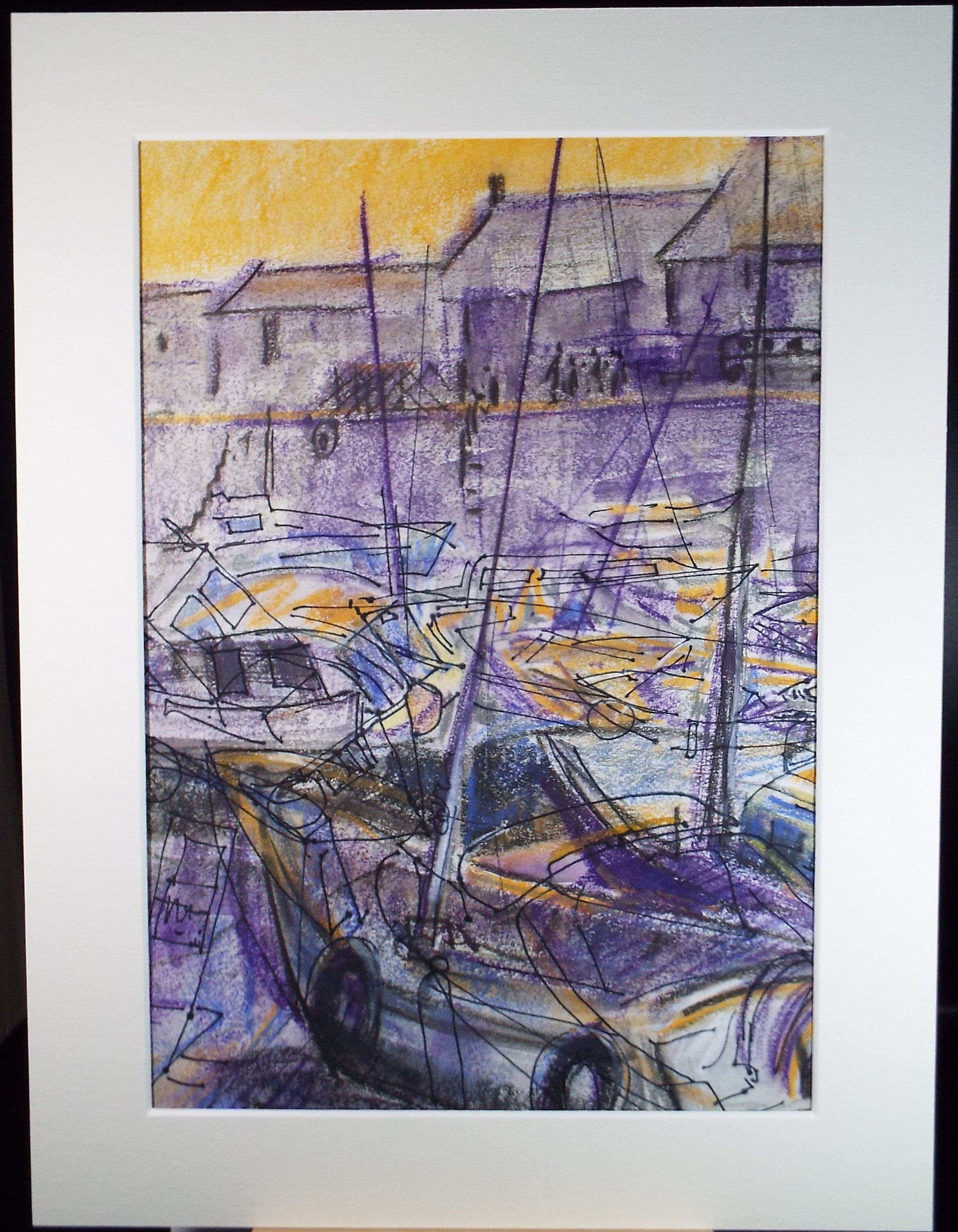 Original Pastel & ink 'Yachts at the Haven', June Bevan, Circa 1990's