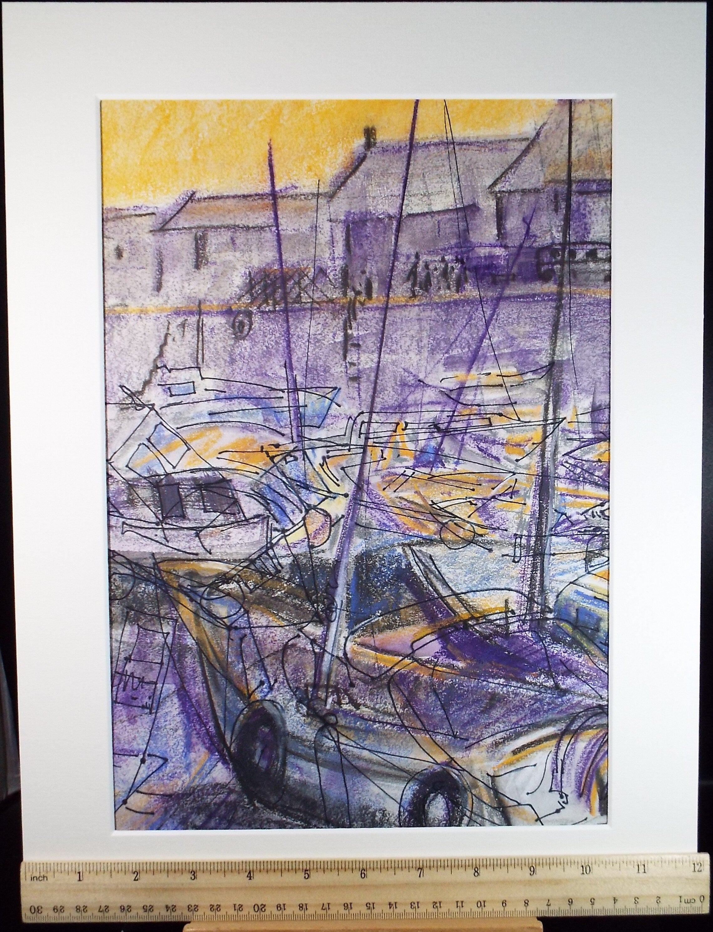 Original Pastel & ink 'Yachts at the Haven', June Bevan, Circa 1990's