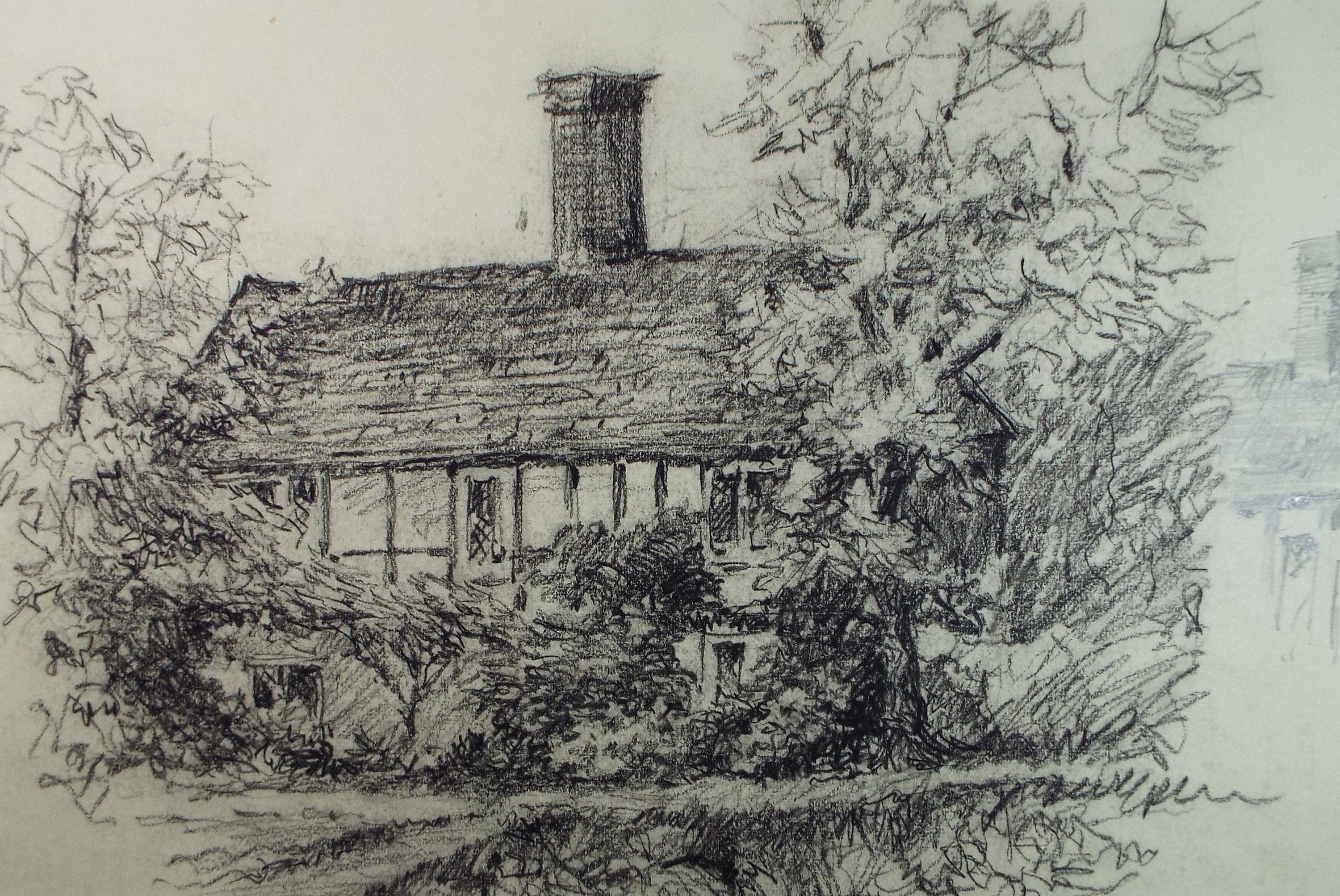 Original Charcoal drawing, 'mistletoe Farm, Eastcote', 1960's, R.A Andew-Jones