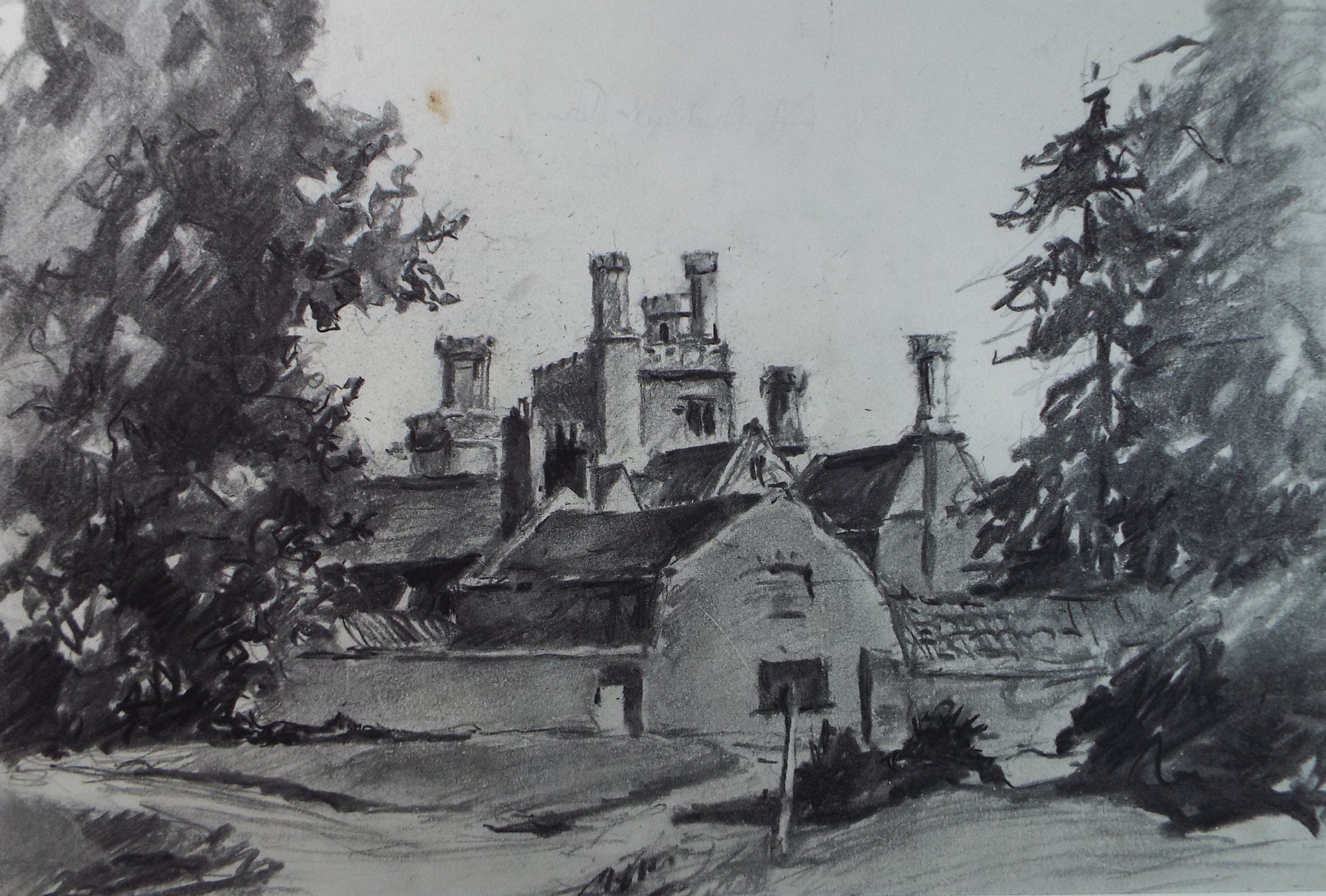Original Charcoal drawing, 'View from Stanmore Common', 1970's R.A Andew-Jones