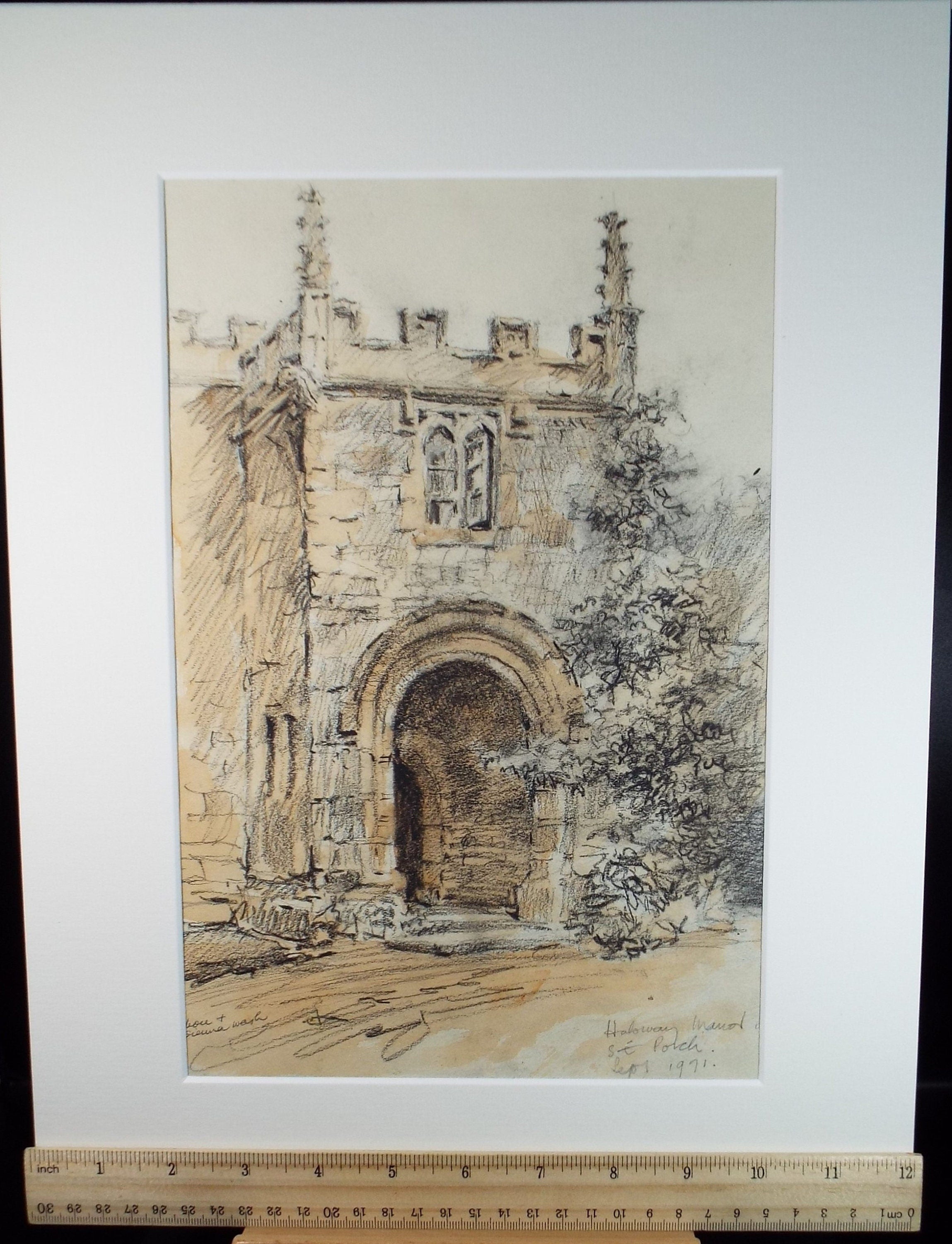 Original Charcoal & wash drawing, 'Halsway Manor', dated 1971, R.A Andew-Jones