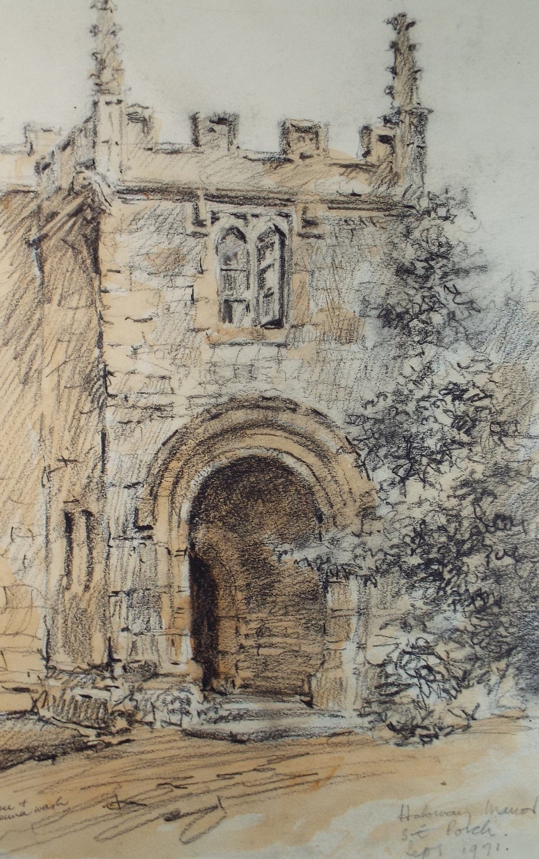Original Charcoal & wash drawing, 'Halsway Manor', dated 1971, R.A Andew-Jones