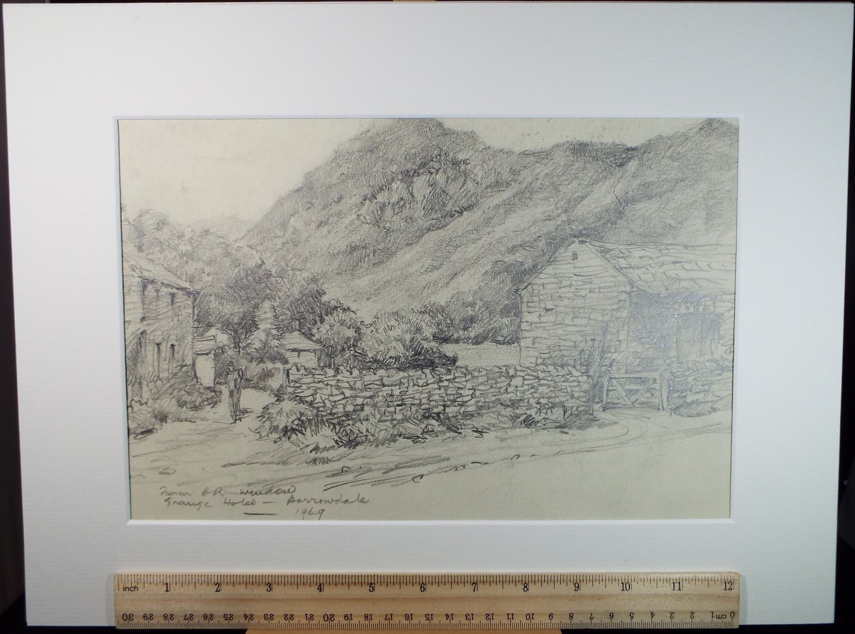 Original Pencil drawing, 'Farm Buildings, Borrowdale', 1969, R.A Andew-Jones