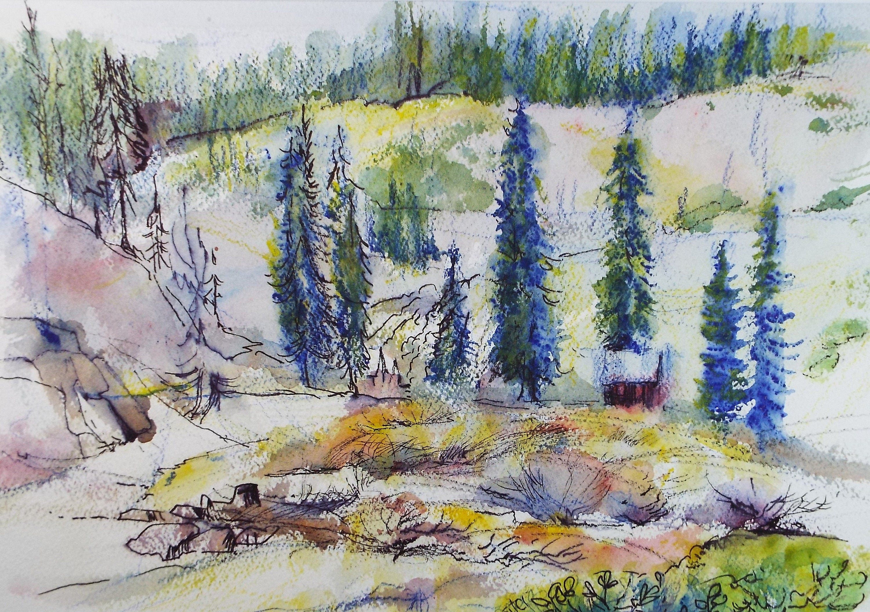 Original Watercolour,'Above Paradise, N California', 1980's, unknown Artist