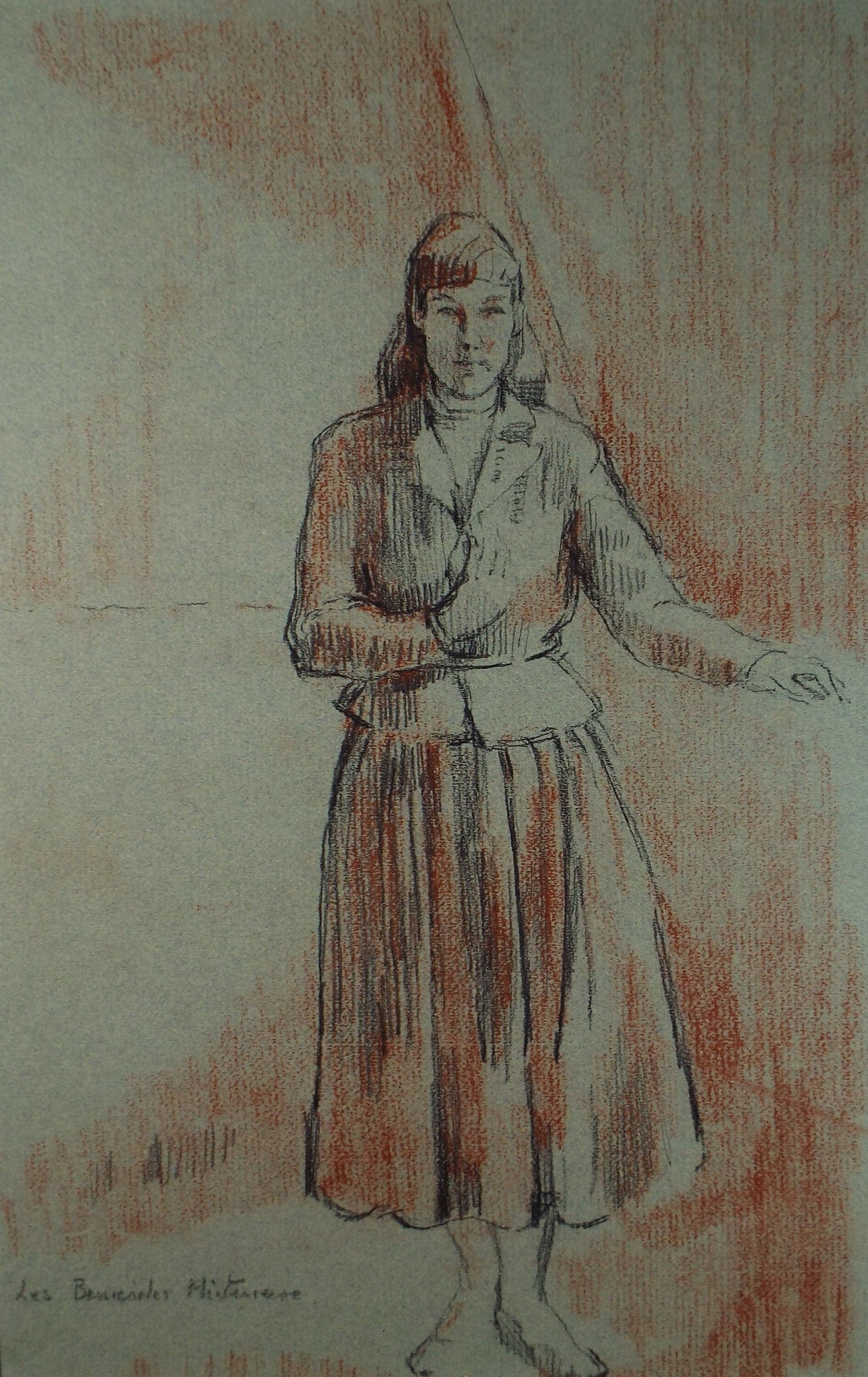Original Pastel,'Standing Figure in Red', Hilda Burford (1887-1957), 1940's