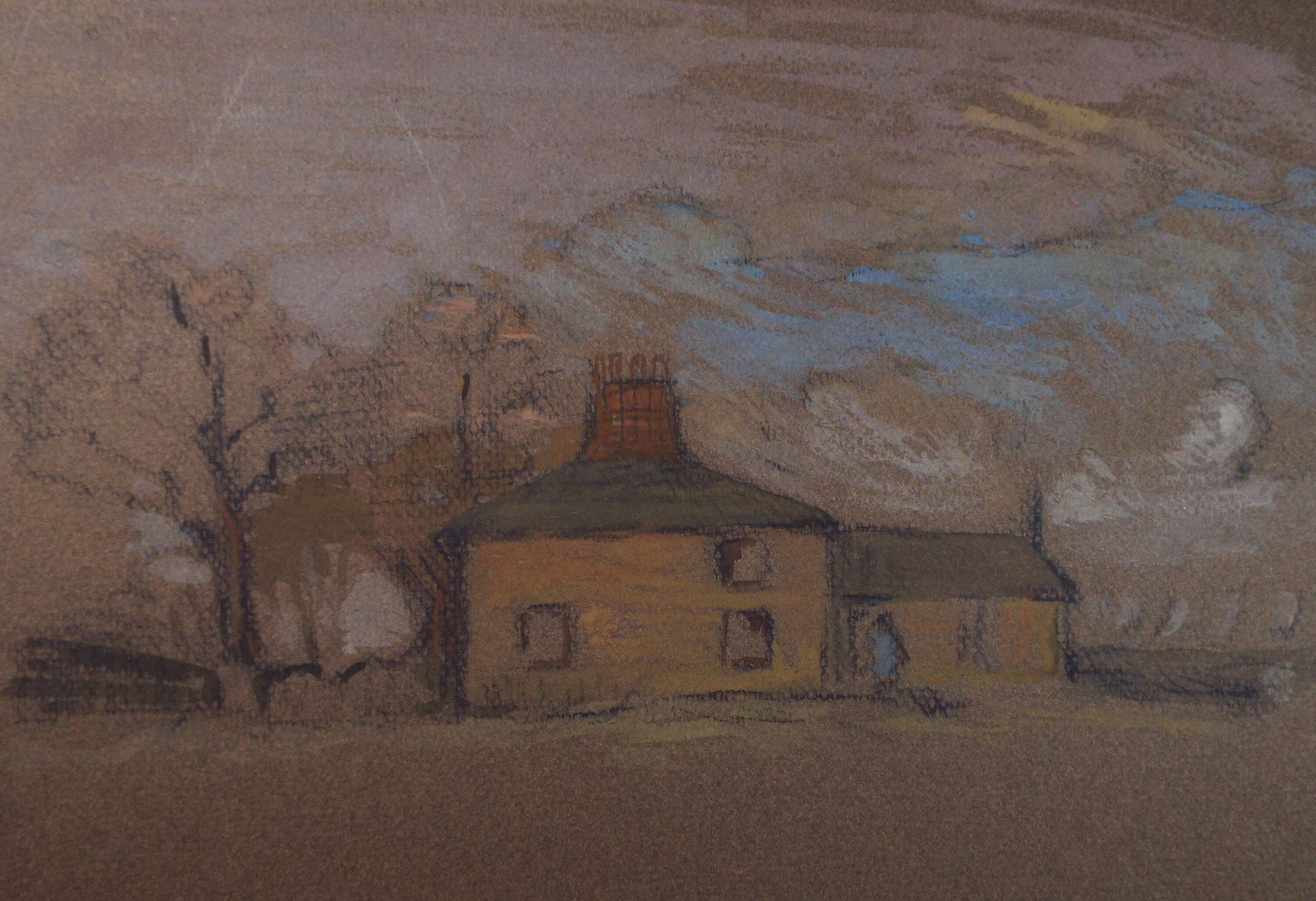 Original Pastel 'Cottage in a Landscape', c1990, Mariota Bosanquet 1923 -2022