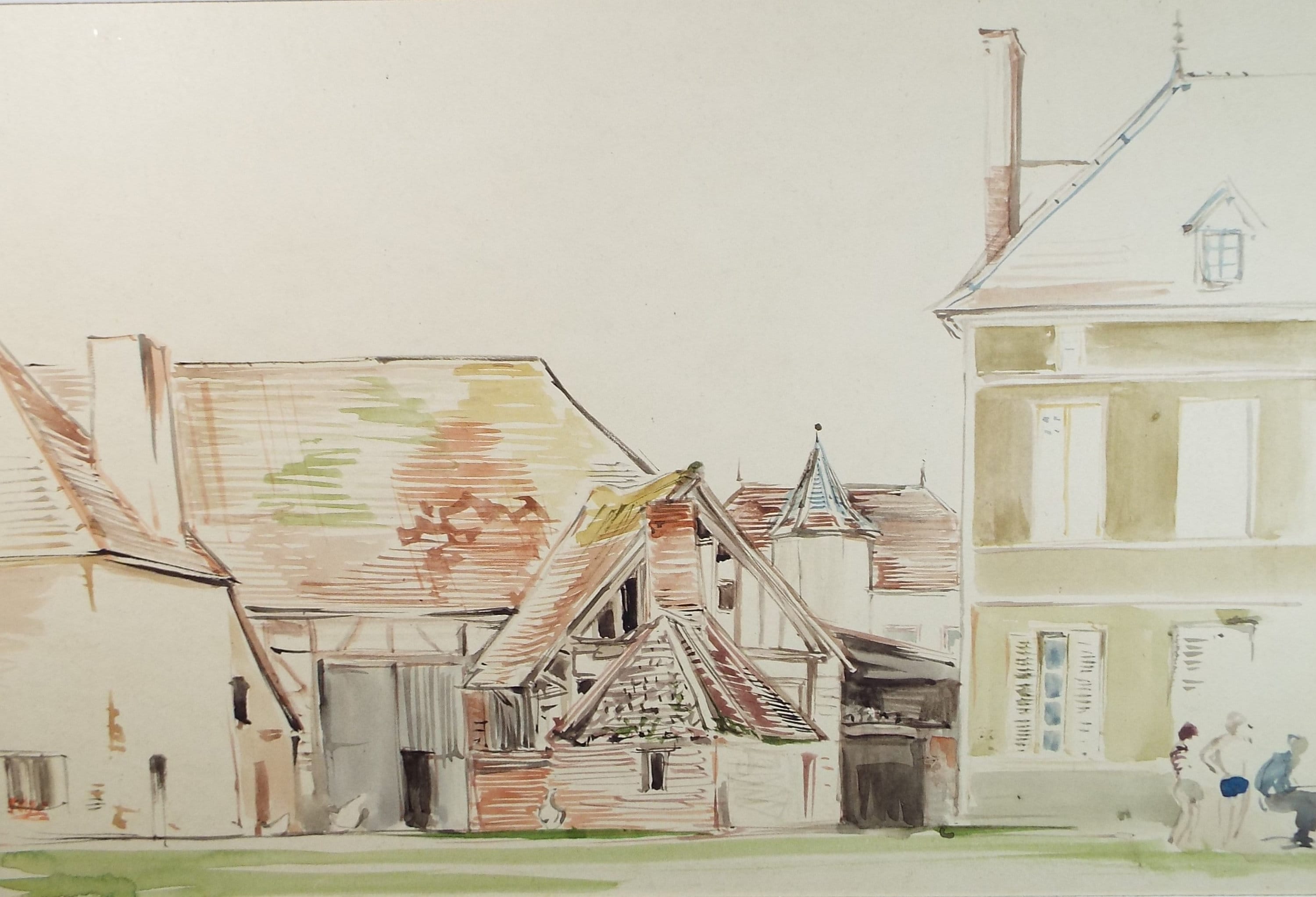 Original Watercolour,'French Barns and Manor ', Circa 1950's, Unknown artist