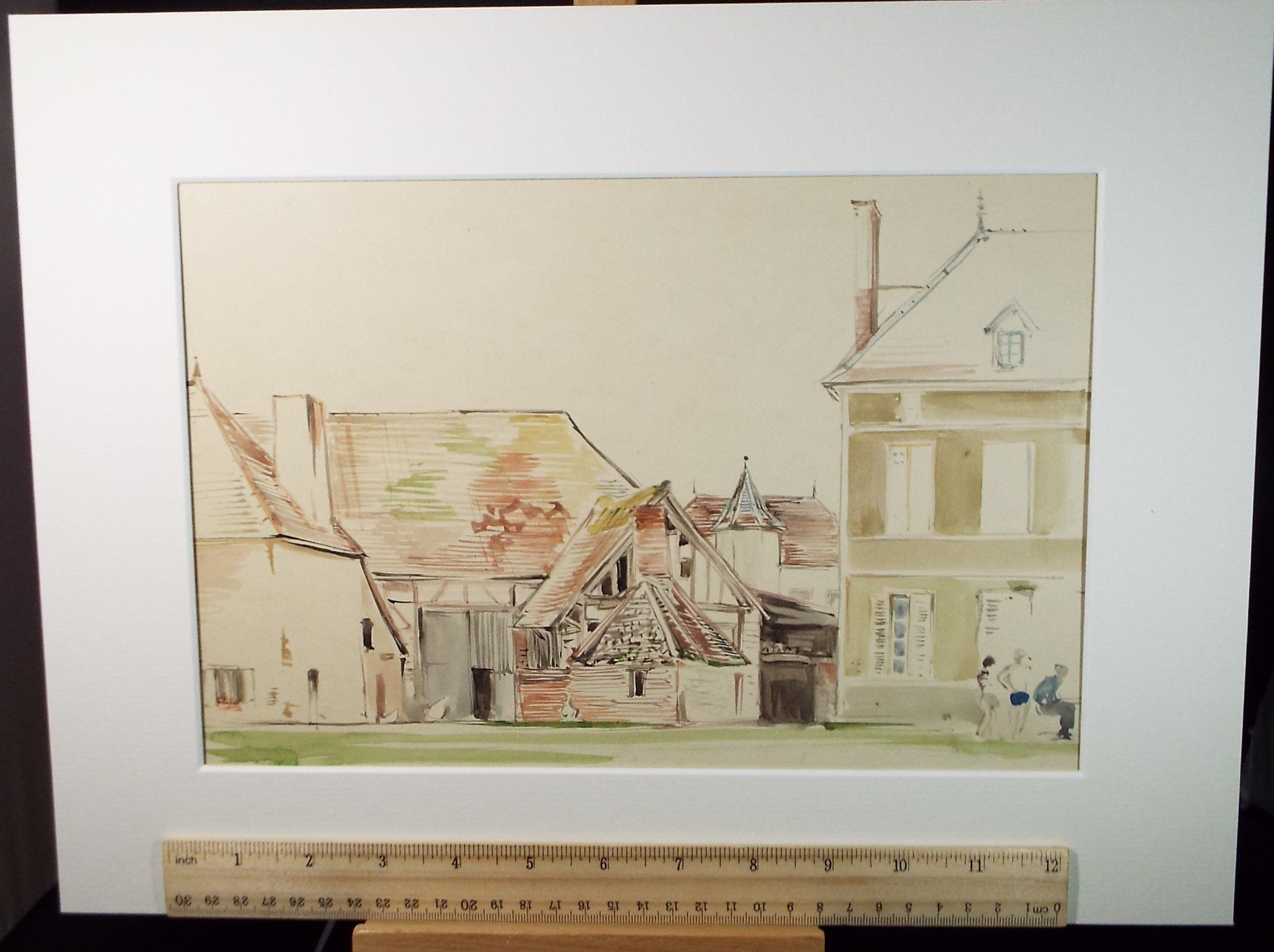 Original Watercolour,'French Barns and Manor ', Circa 1950's, Unknown artist