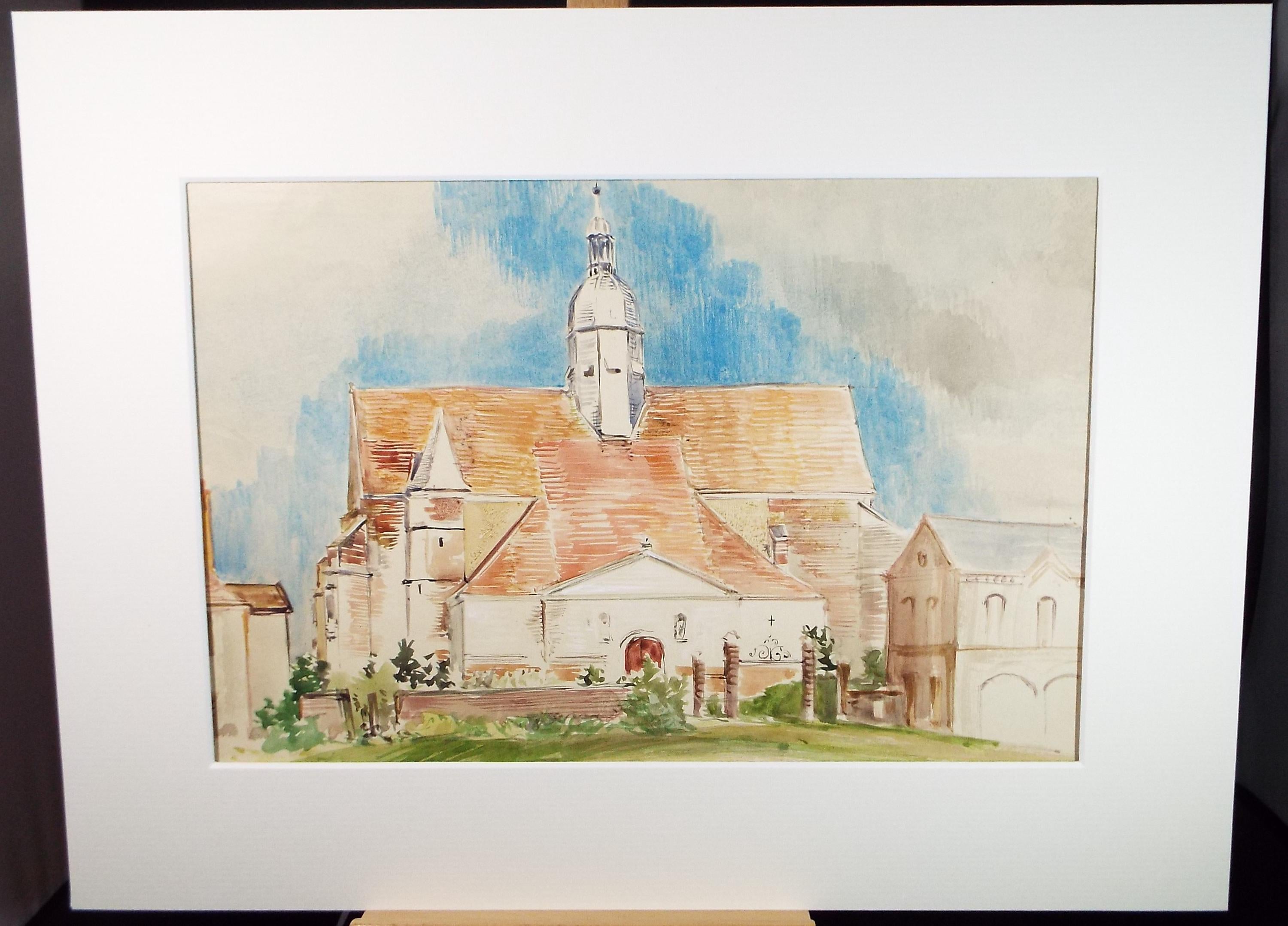Original Watercolour, 'French Church', Circa 1950's, Unknown artist