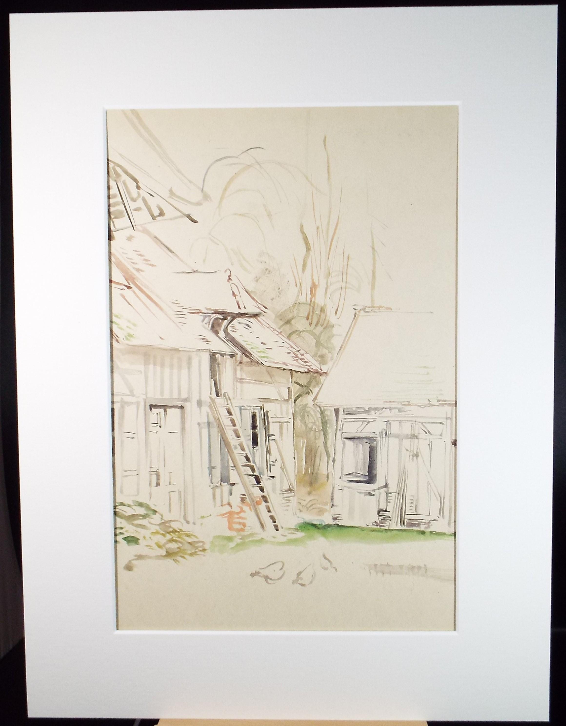 Original Watercolour,'French Farmyard', Circa 1950's, Unknown artist