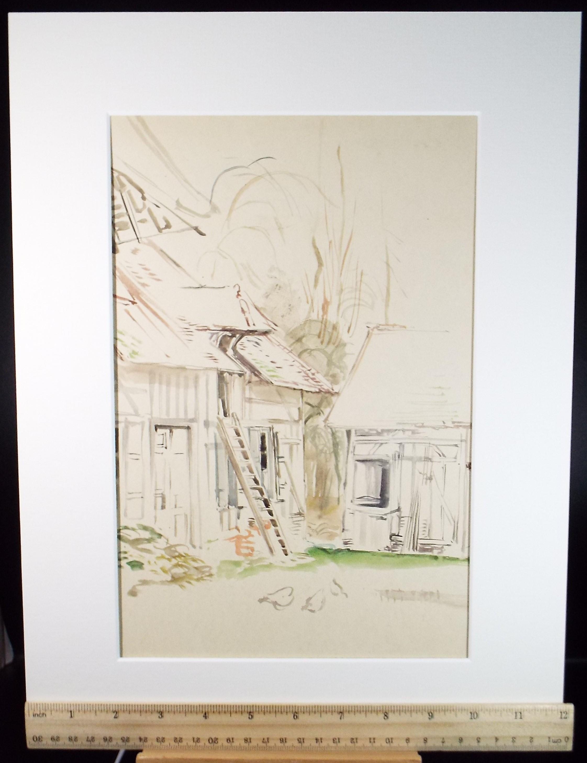 Original Watercolour,'French Farmyard', Circa 1950's, Unknown artist