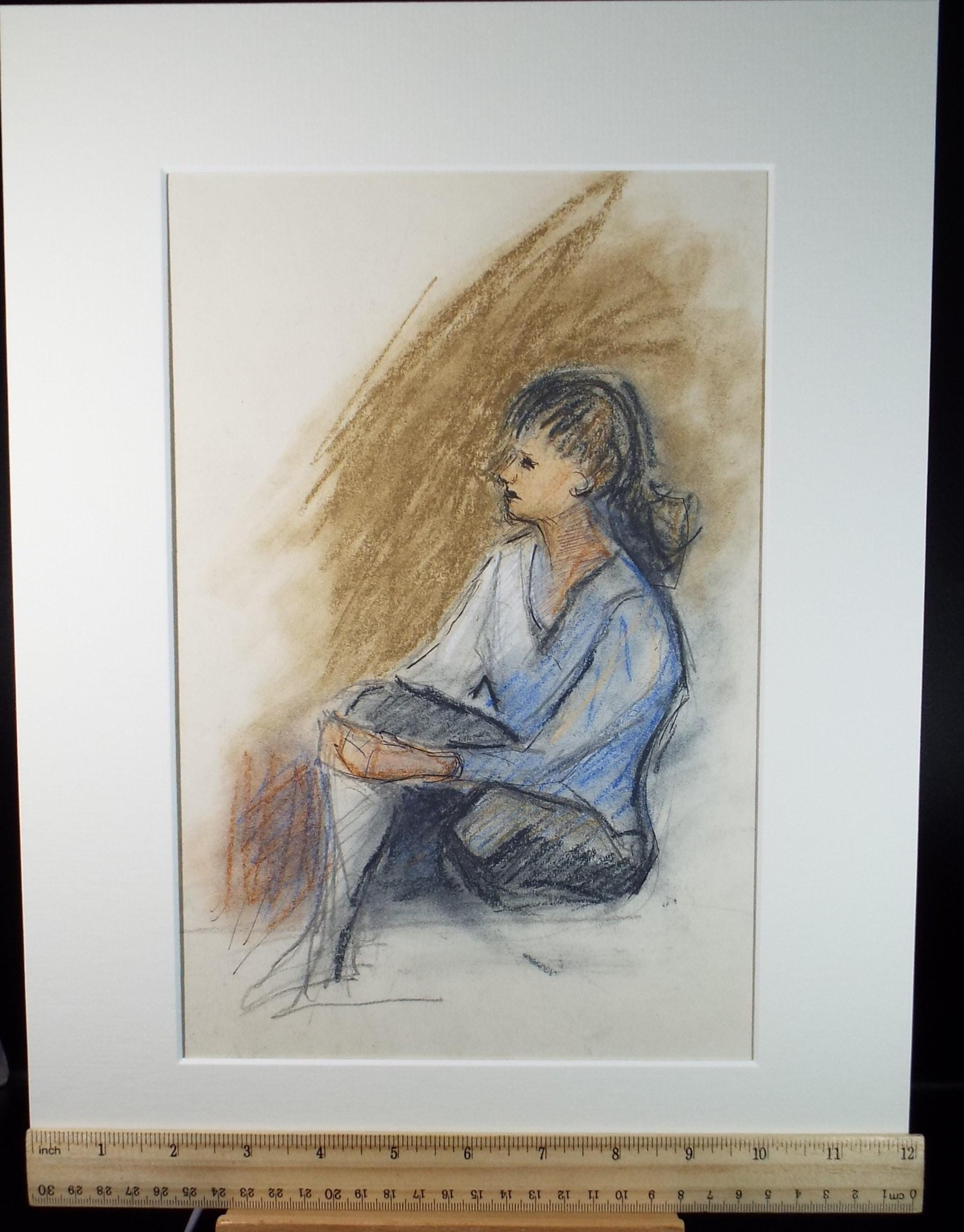 Original Pastel Drawing, 'Seated Woman in Blue', c1970s, Artist Unknown