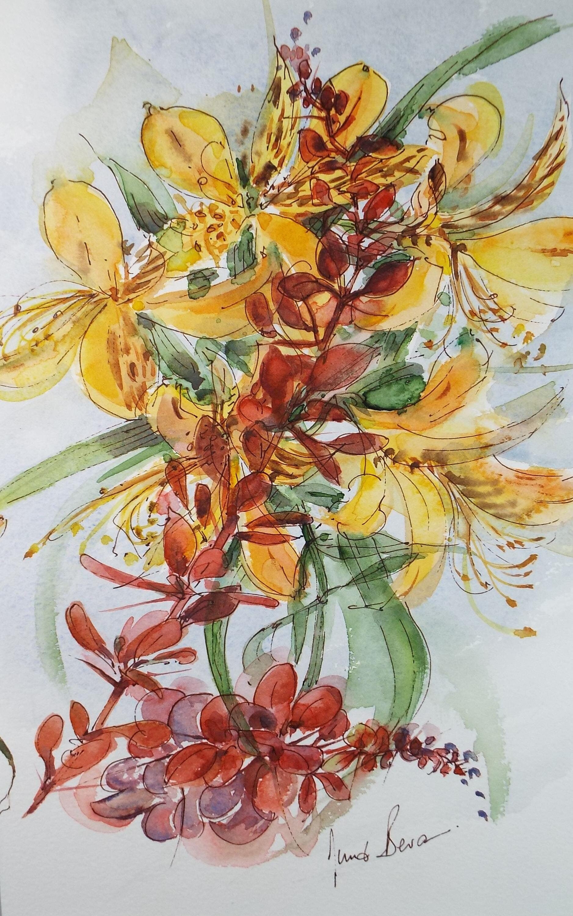 Original Watercolour,'Lily study', June Bevan, Circa 1990's