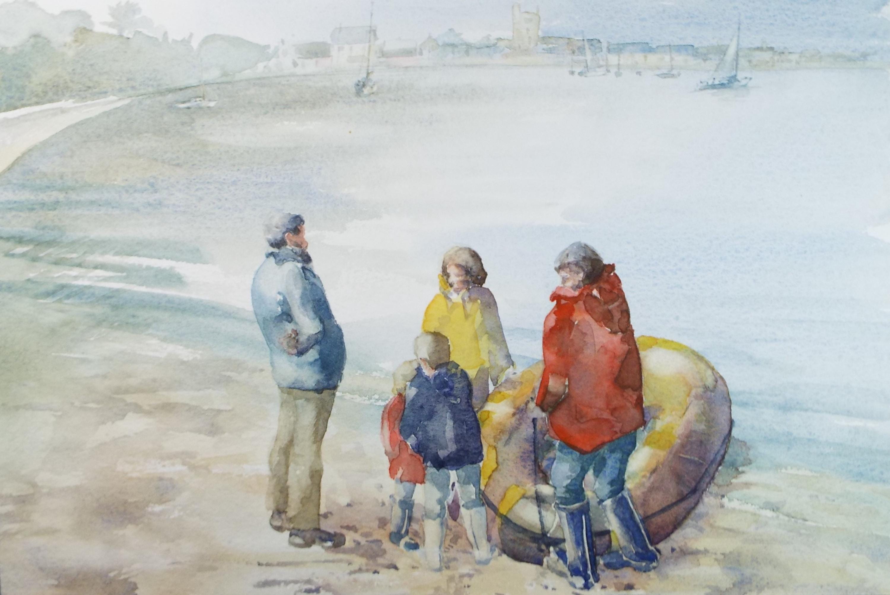 Original Watercolour , 'Figures on the Shore', June Bevan, Circa 1990's