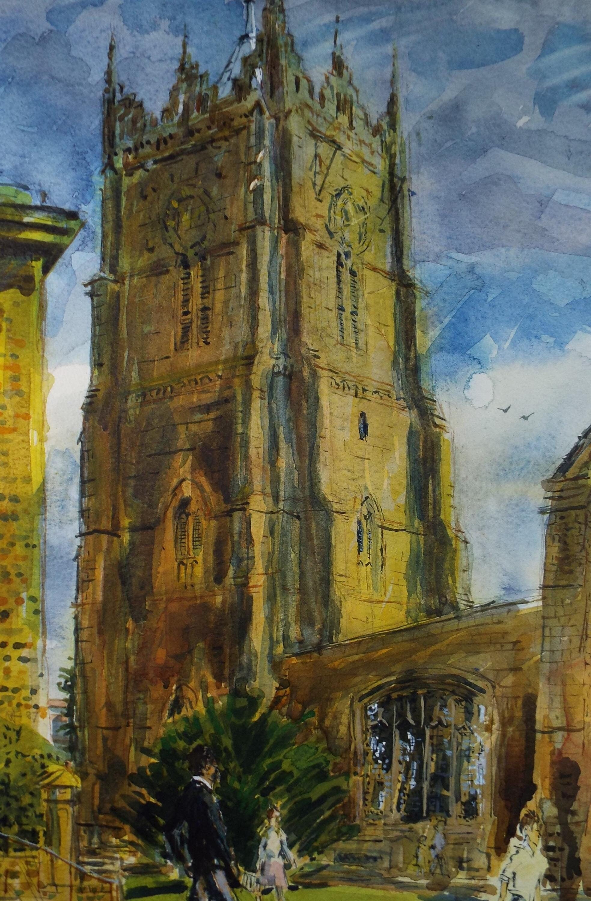 Original Watercolour,'Church Tower with figures', Roger Alsop, dated 1987