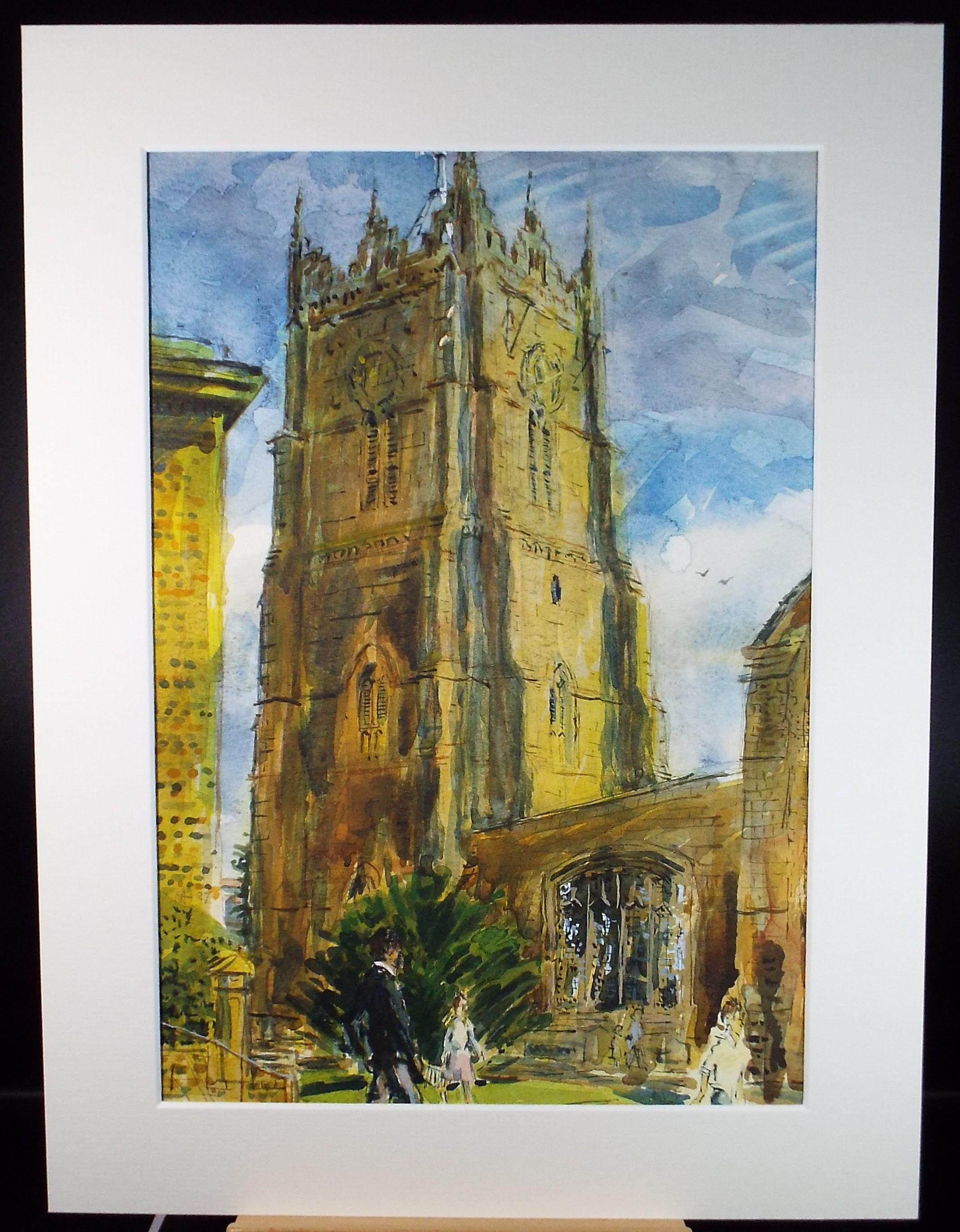 Original Watercolour,'Church Tower with figures', Roger Alsop, dated 1987