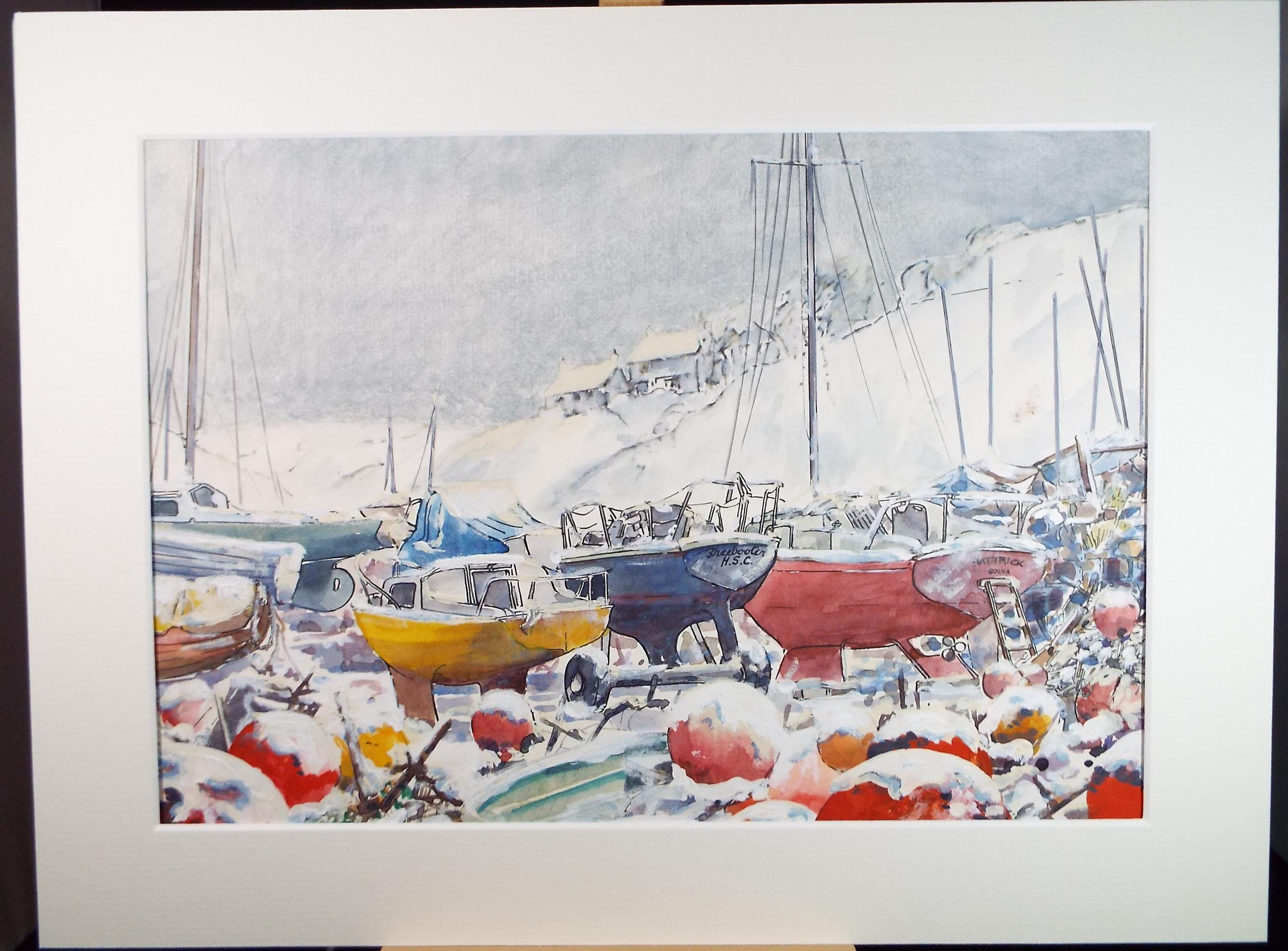 Original Watercolour & Gouache, 'Winter Boatyard', June Bevan, Dated 1991