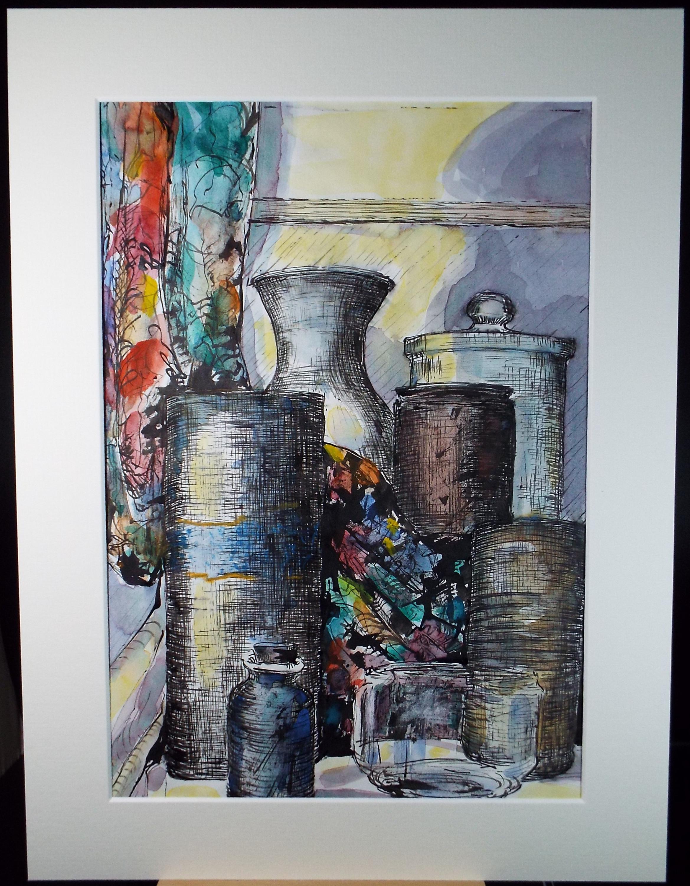Original Watercolour & Ink , 'Still Life of Jars', June Bevan, Circa 1990's